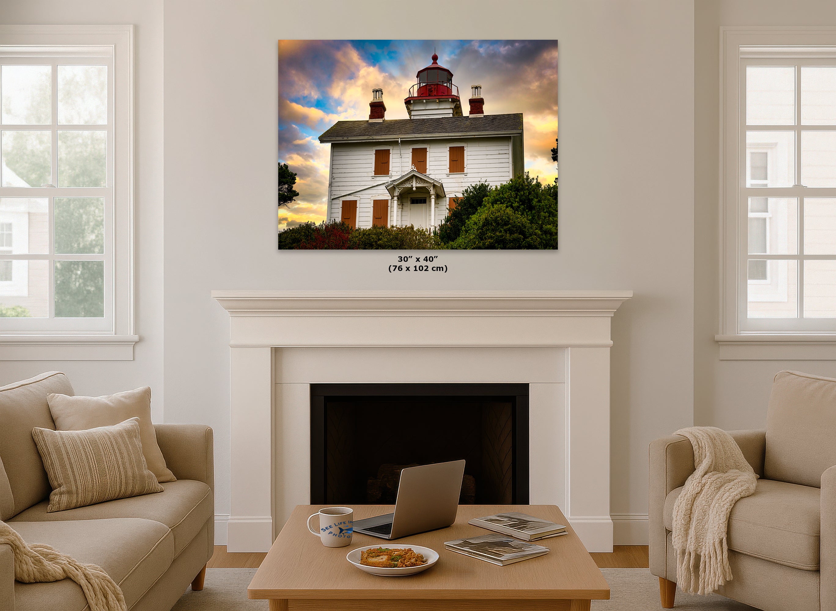 Yaquina Bay Lighthouse Picture, Oregon Coast Ocean Picture, Pacific Northwest Beach Photo Wall Art for Office and Relaxation