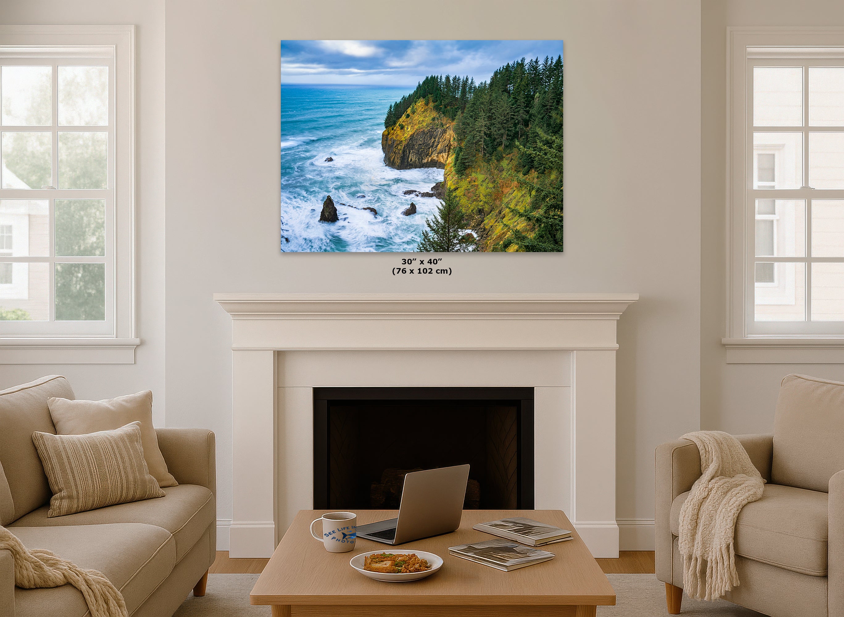 Oregon Coast Ocean Picture, Pacific Northwest Coastline Nature Photo Relaxation Artwork for Meditation, Apartment, Office & House Decor