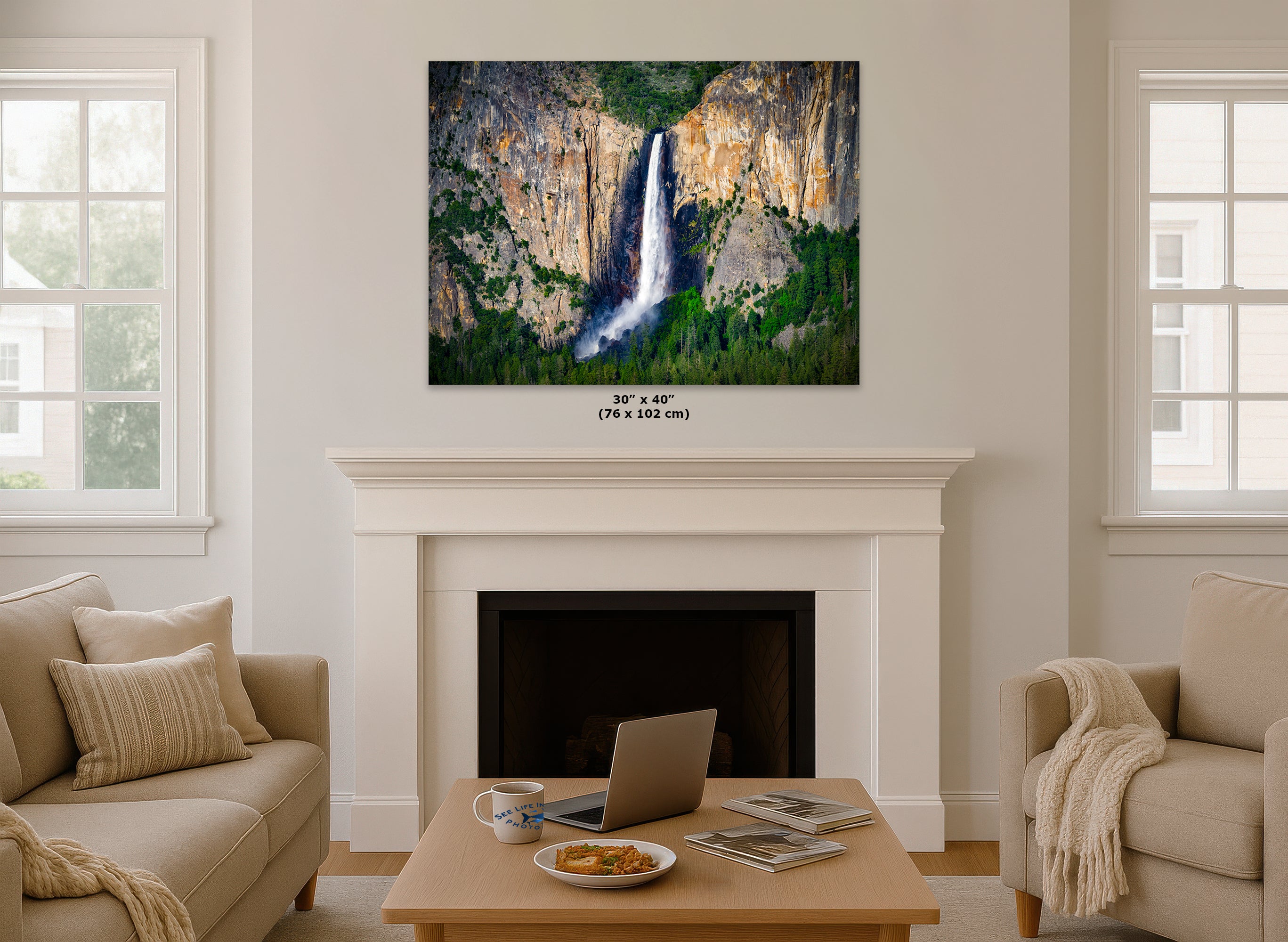 Bridalveil Falls Yosemite National Park Nature Photo Close Up, Relaxation Artwork Waterfall Picture for Meditation, Dorm Room, Office, and House Decor