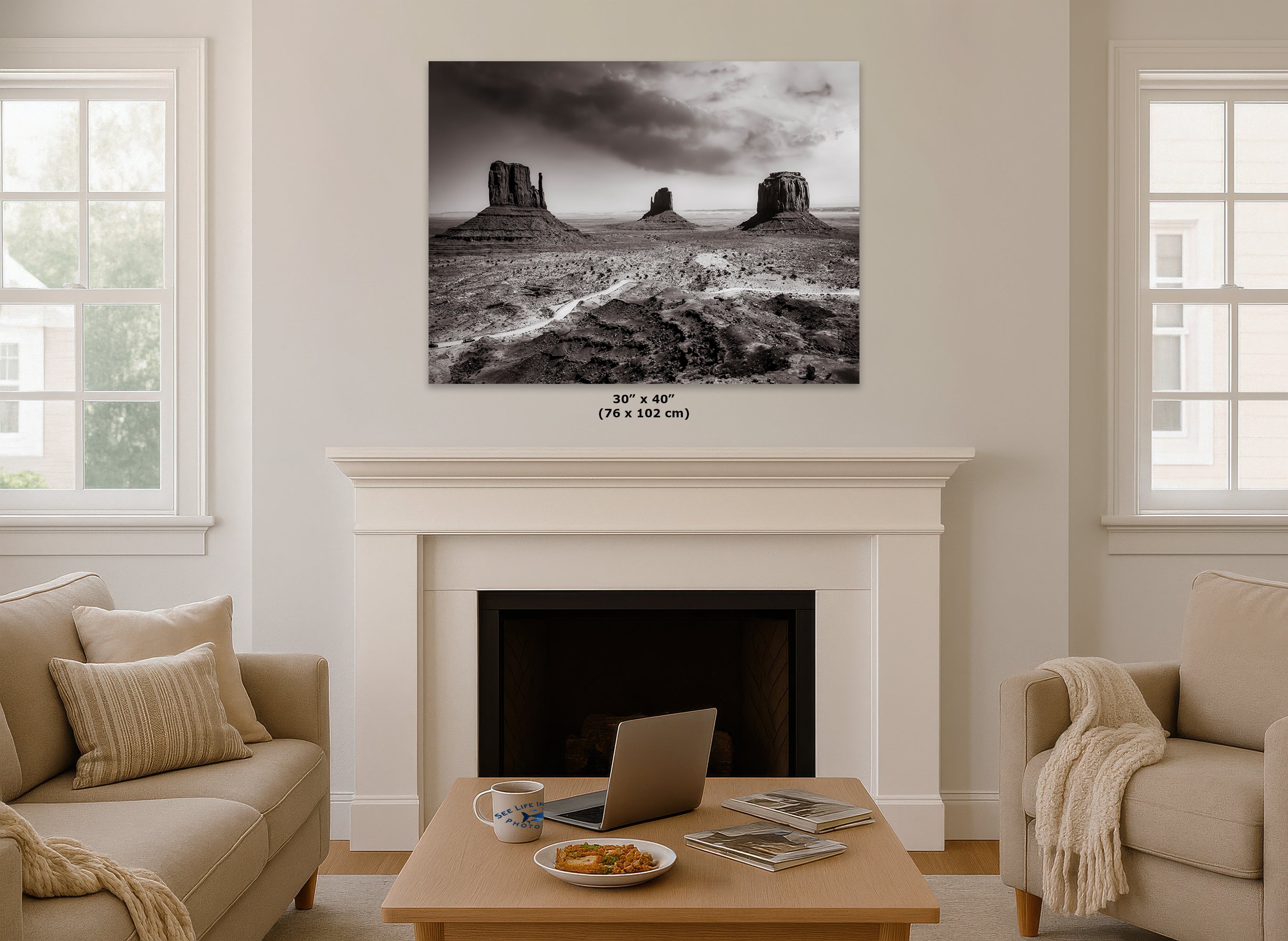 Monument Valley Arizona Desert Picture, Black and White Nature Photo, Bohemian Style Relaxation Artwork for Meditation, Apartment, Office & House Decor