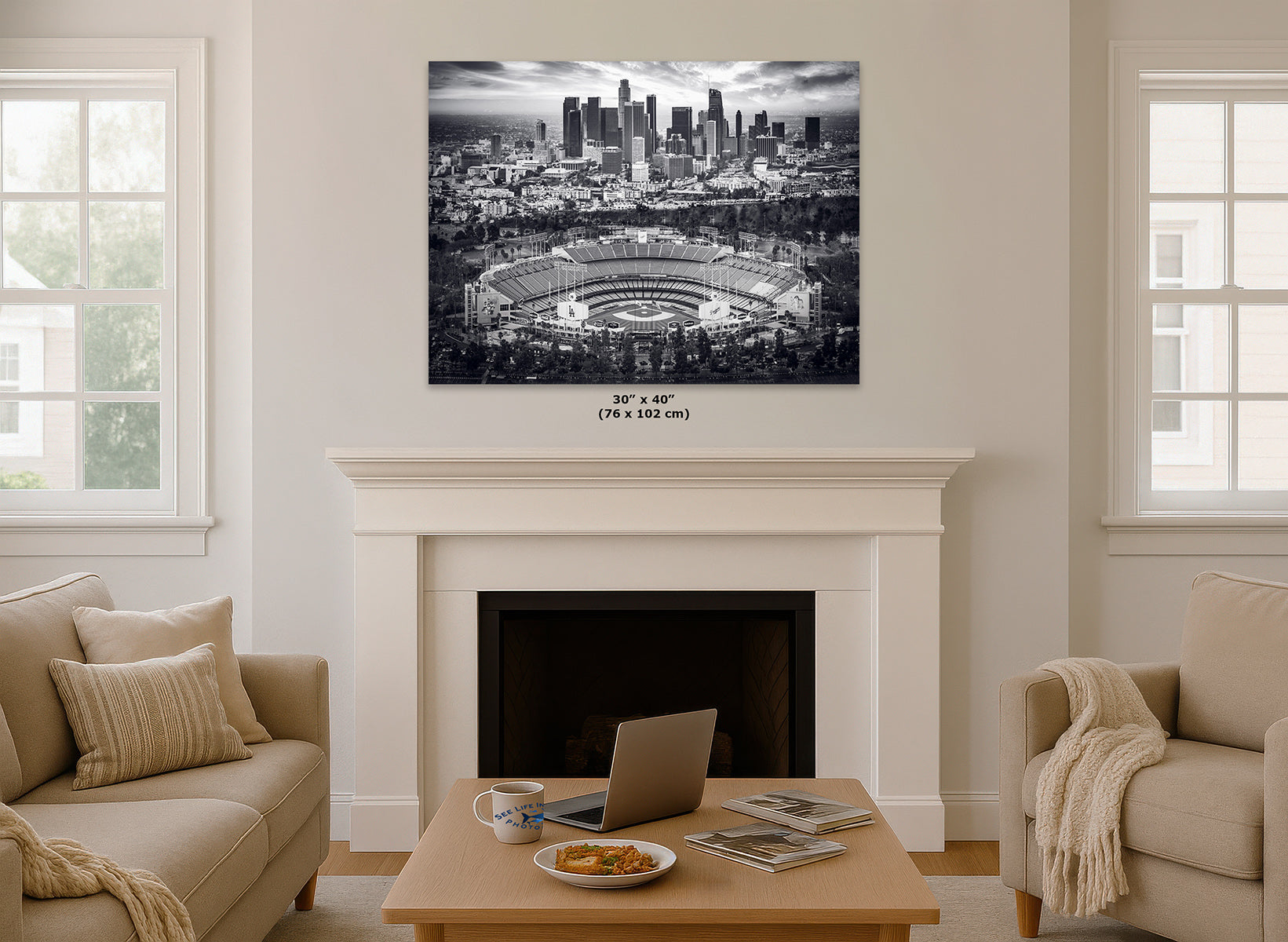 30x40 inch black and white print of Dodger Stadium and the Los Angeles skyline above a white fireplace mantel, monochrome baseball wall art