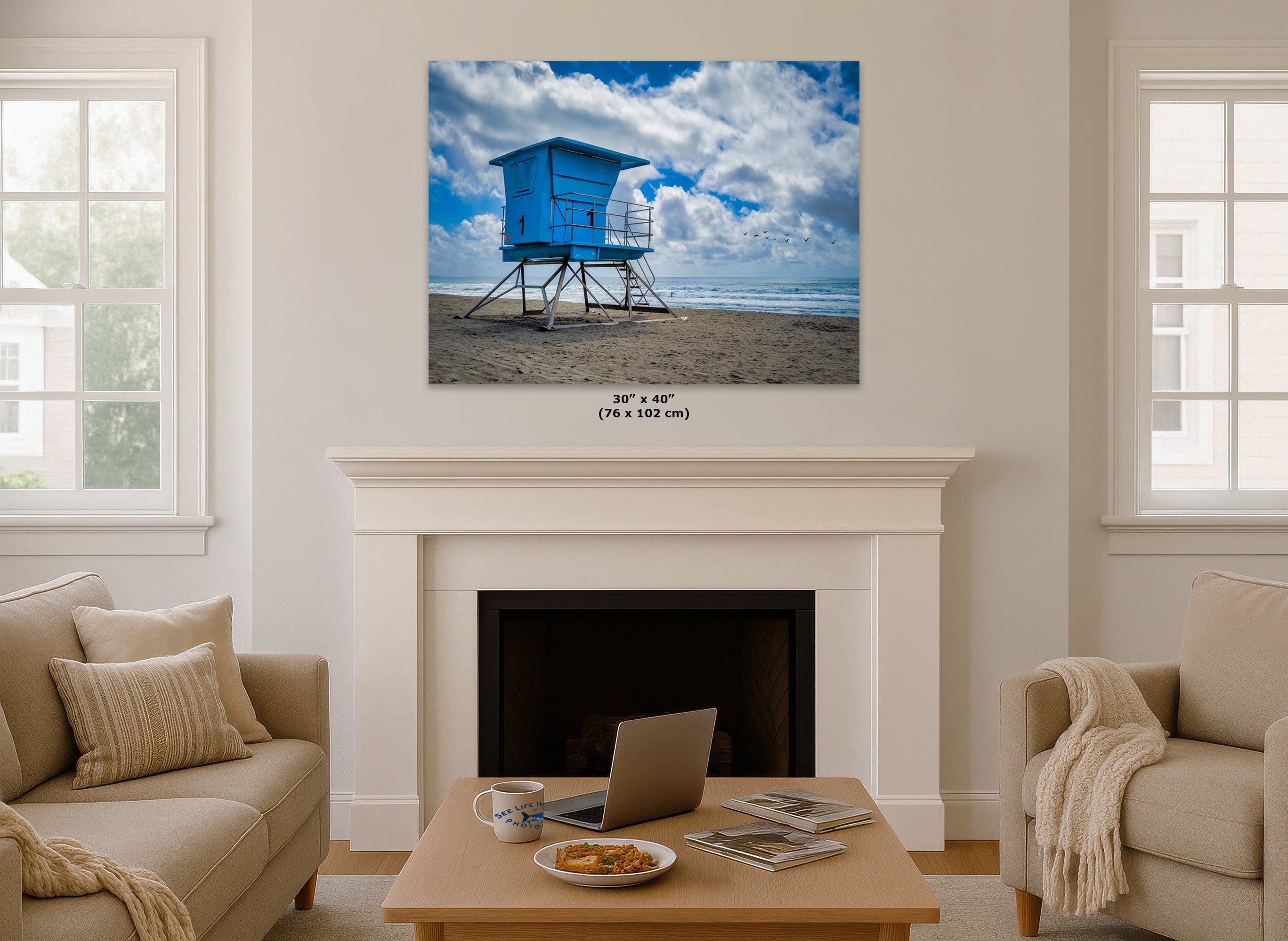 Southern California Coastline Lifeguard Tower Ocean Picture, Oceanside Relaxation Artwork for Meditation, Office, Dorm, and House Decor