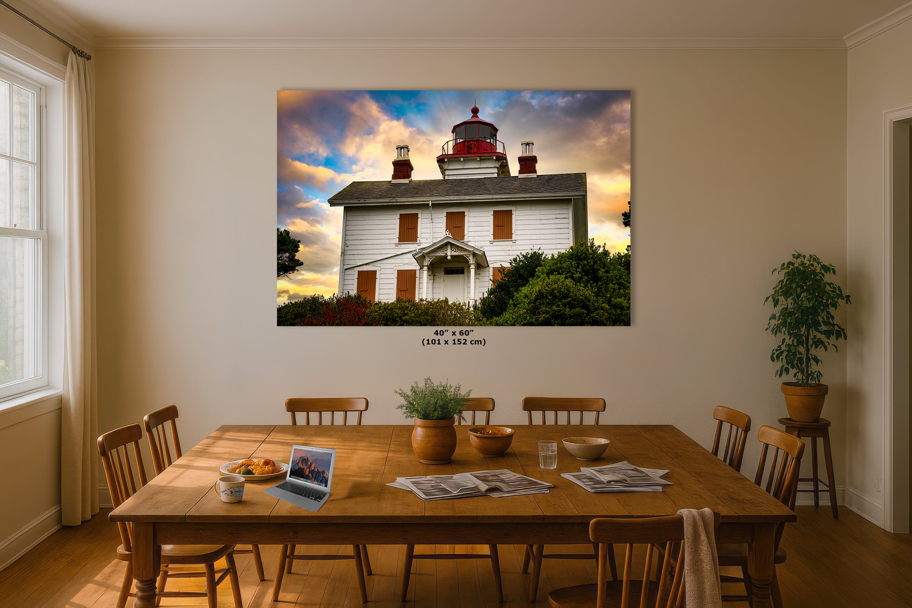 Yaquina Bay Lighthouse Picture, Oregon Coast Ocean Picture, Pacific Northwest Beach Photo Wall Art for Office and Relaxation