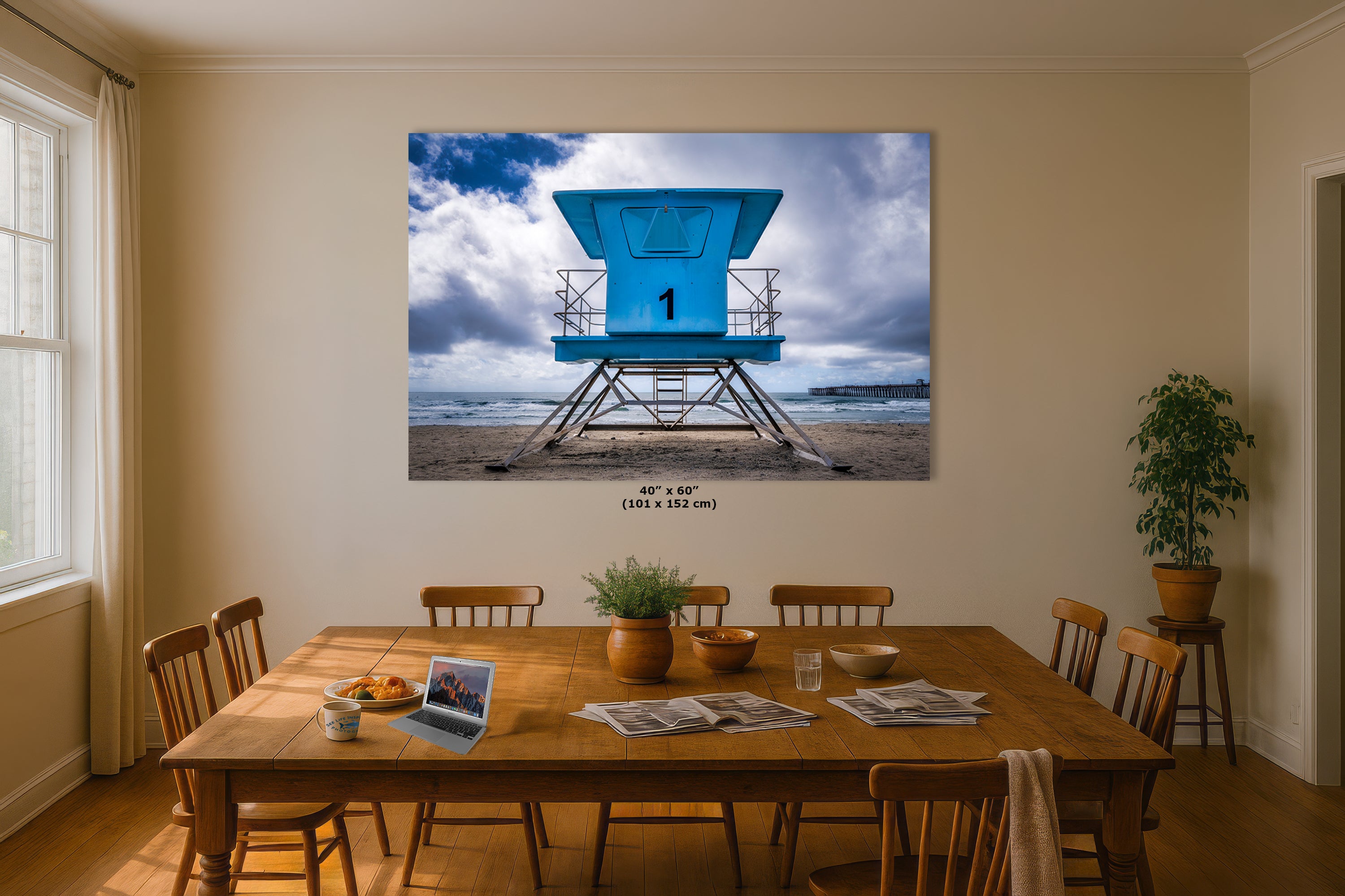 Southern California Coastline Lifeguard Tower Ocean Picture, Oceanside Pier Relaxation Artwork for Meditation, Office, Dorm, and House Decor