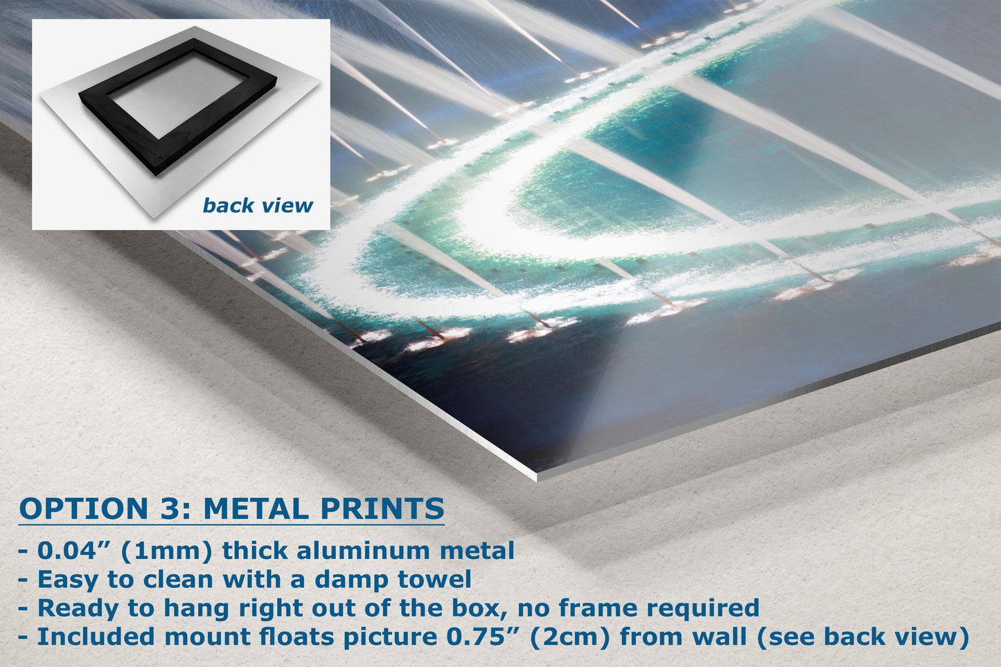 Close-up of abstract water fountains at Bellagio, Las Vegas on 0.04-inch thick aluminum metal, showing floating mount.