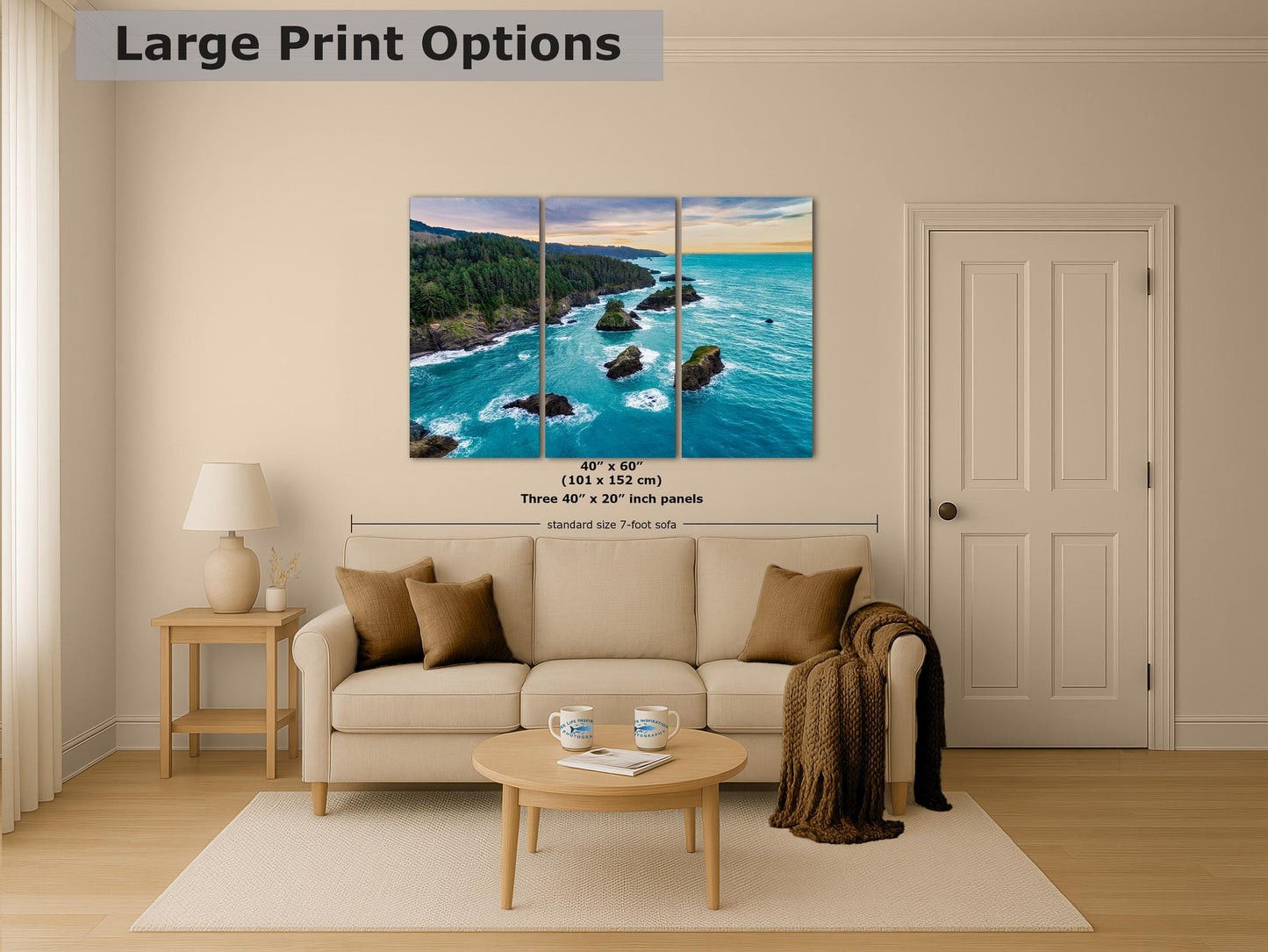 Aerial Oregon Coast Ocean Picture Sunrise, Pacific Northwest Nature Photo Relaxation Artwork for Meditation, Apartment, Office & House Décor