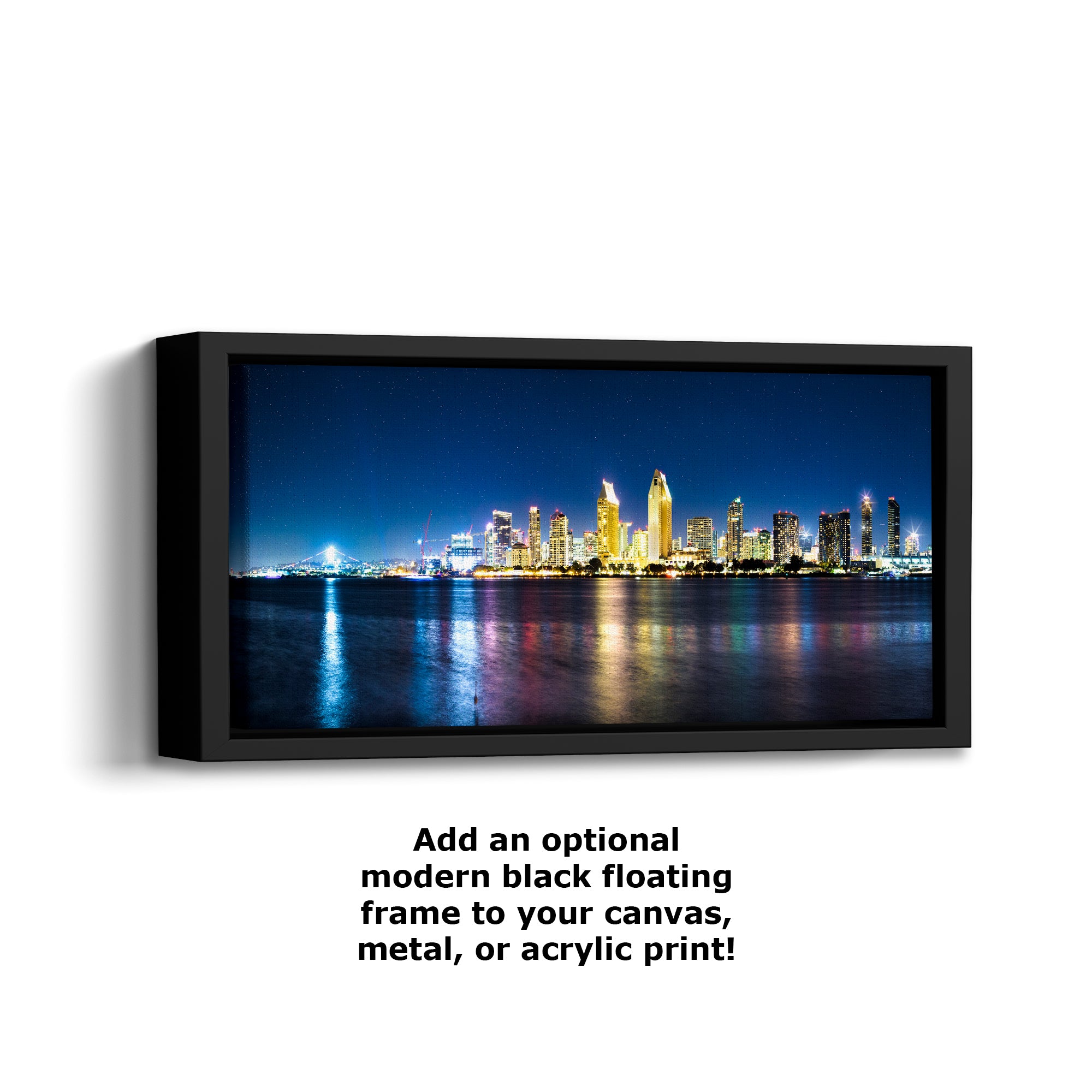 San Diego Skyline Panorama Photo, Urban Cityscape at Night Wall Art, Large Canvas Print for Living Room or Office