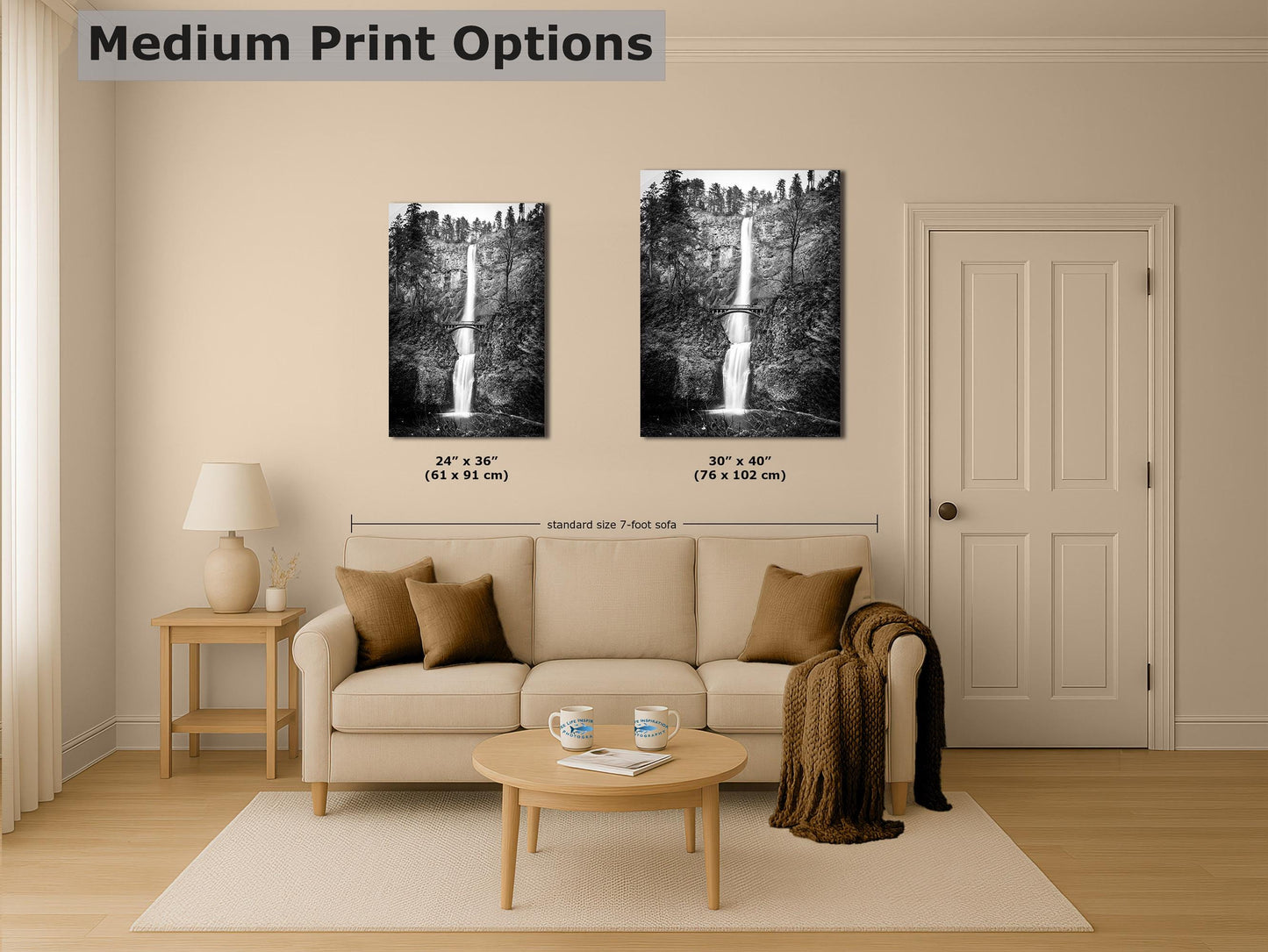 Multnomah Waterfall Picture Nature Photo, Black and White, Pacific Northwest Oregon Picture Relaxation Artwork, Columbia River Gorge for Meditation, House