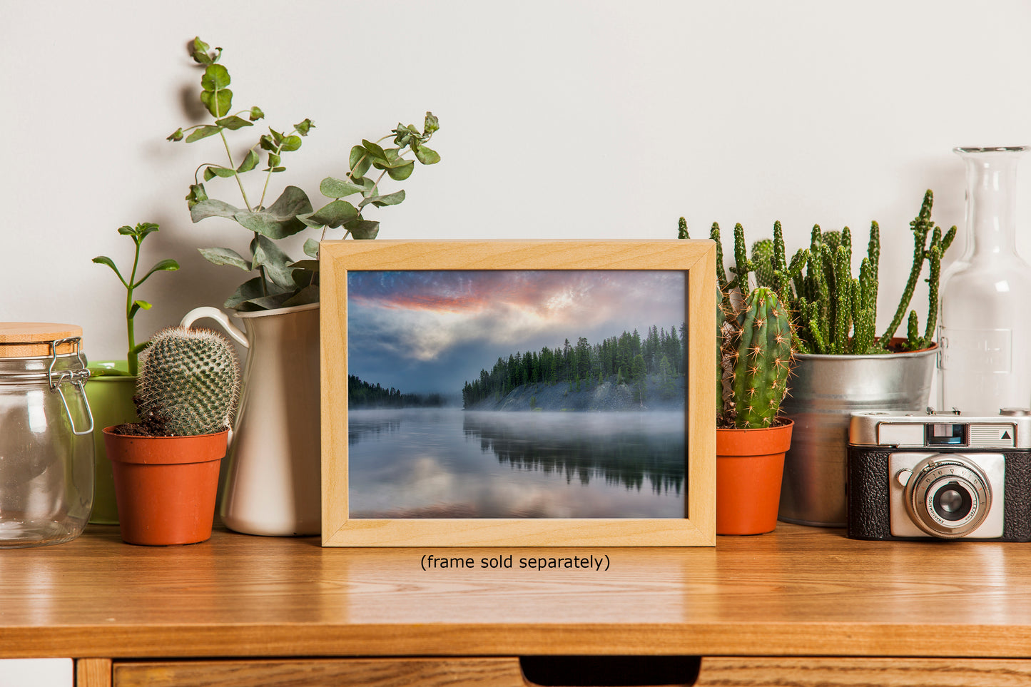 Yellowstone Lake Foggy Forest Picture, Reflection Nature Photo, Wyoming Landscape Relaxation Artwork for Meditation, Office & Home Decor