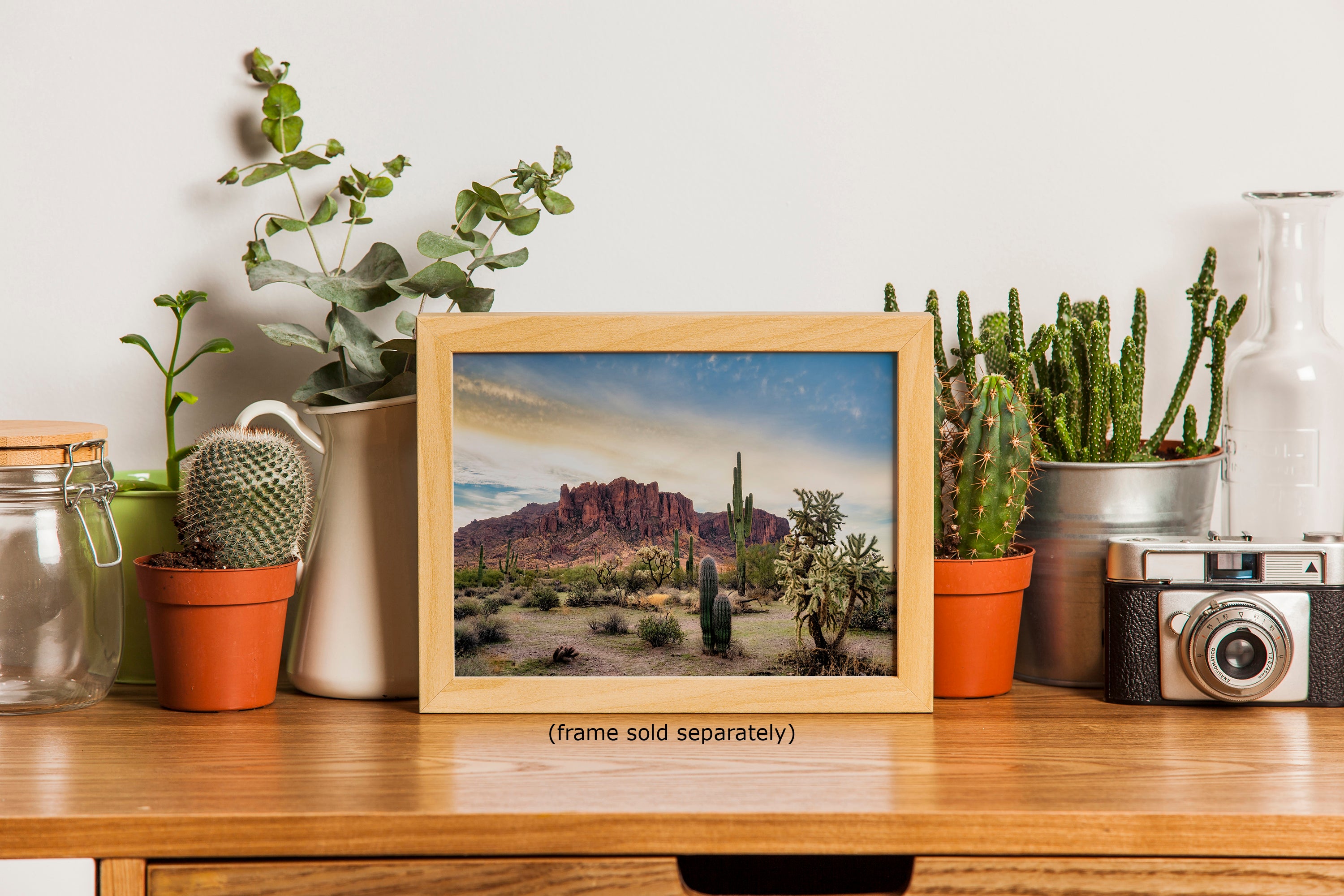 Arizona Desert Picture Wall Art Saguaro Cactus Artwork Nature Photo, Southwestern Wall Art of Superstition Mountains at Lost Dutchman State Park