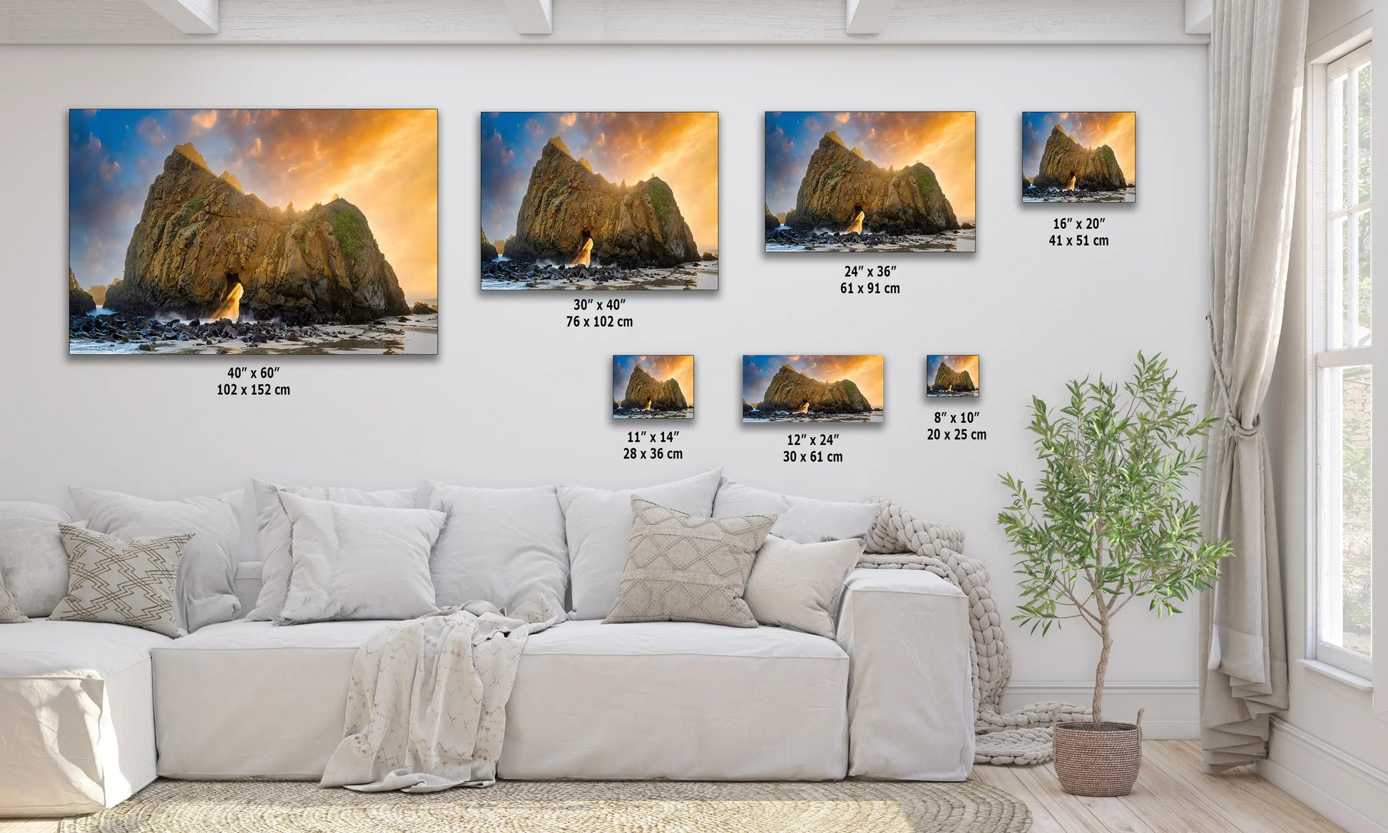 a living room filled with furniture and pictures on the wall