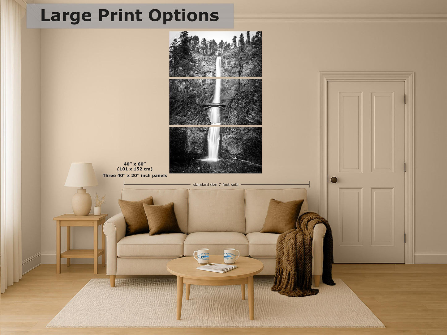 Multnomah Waterfall Picture Nature Photo, Black and White, Pacific Northwest Oregon Picture Relaxation Artwork, Columbia River Gorge for Meditation, House