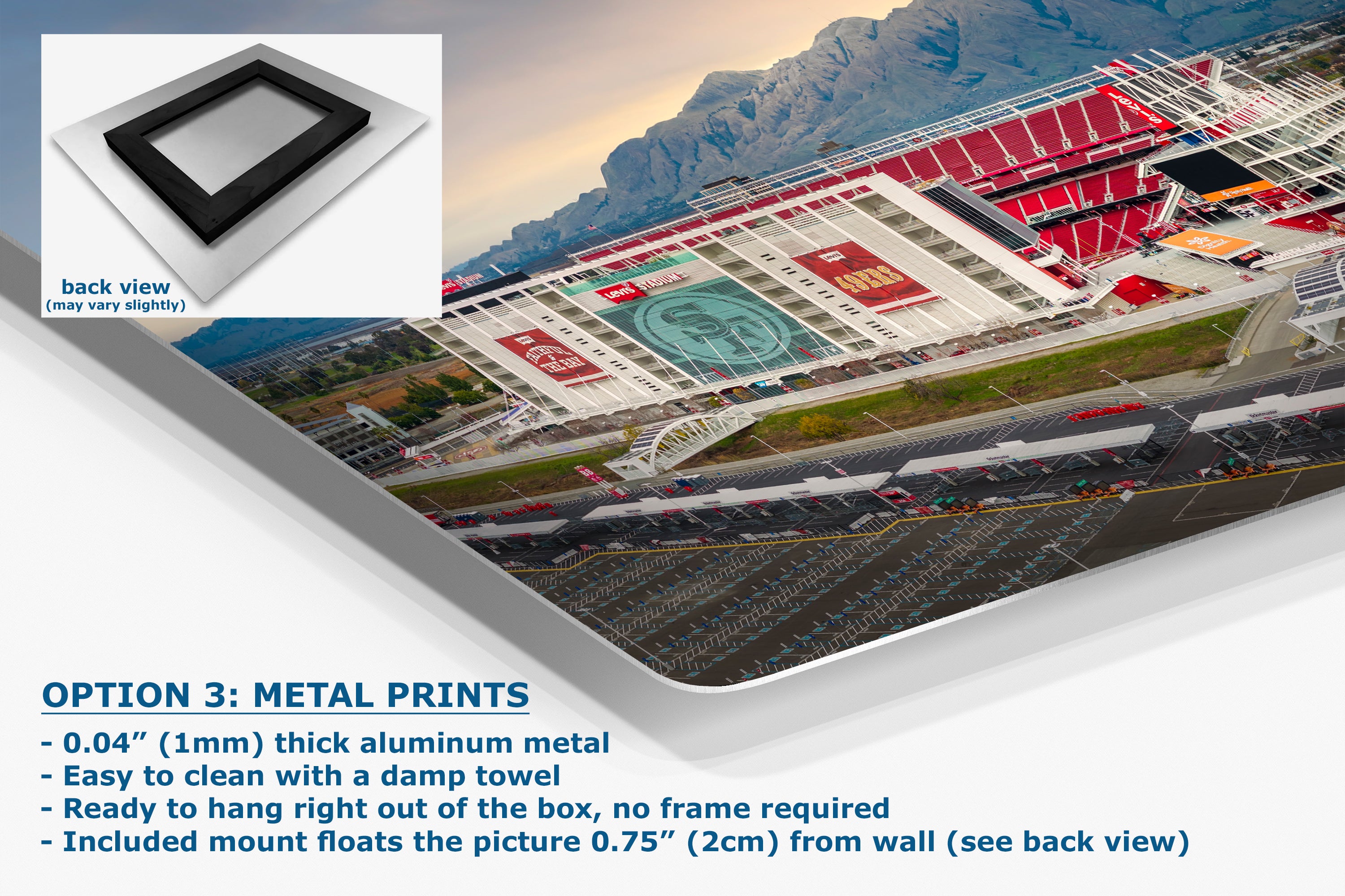 The image is a metal print of a stadium with mountains in the background. The print is described as a 3D print, with a back view showing the stadium and surrounding landscape. The print is made of thick aluminum metal and is easy to clean with a damp towel. It is ready to hang right out of the box, without a frame required. The print is mounted on a wall and includes a mount that floats the picture 0.75" (2.1m) from the wall.