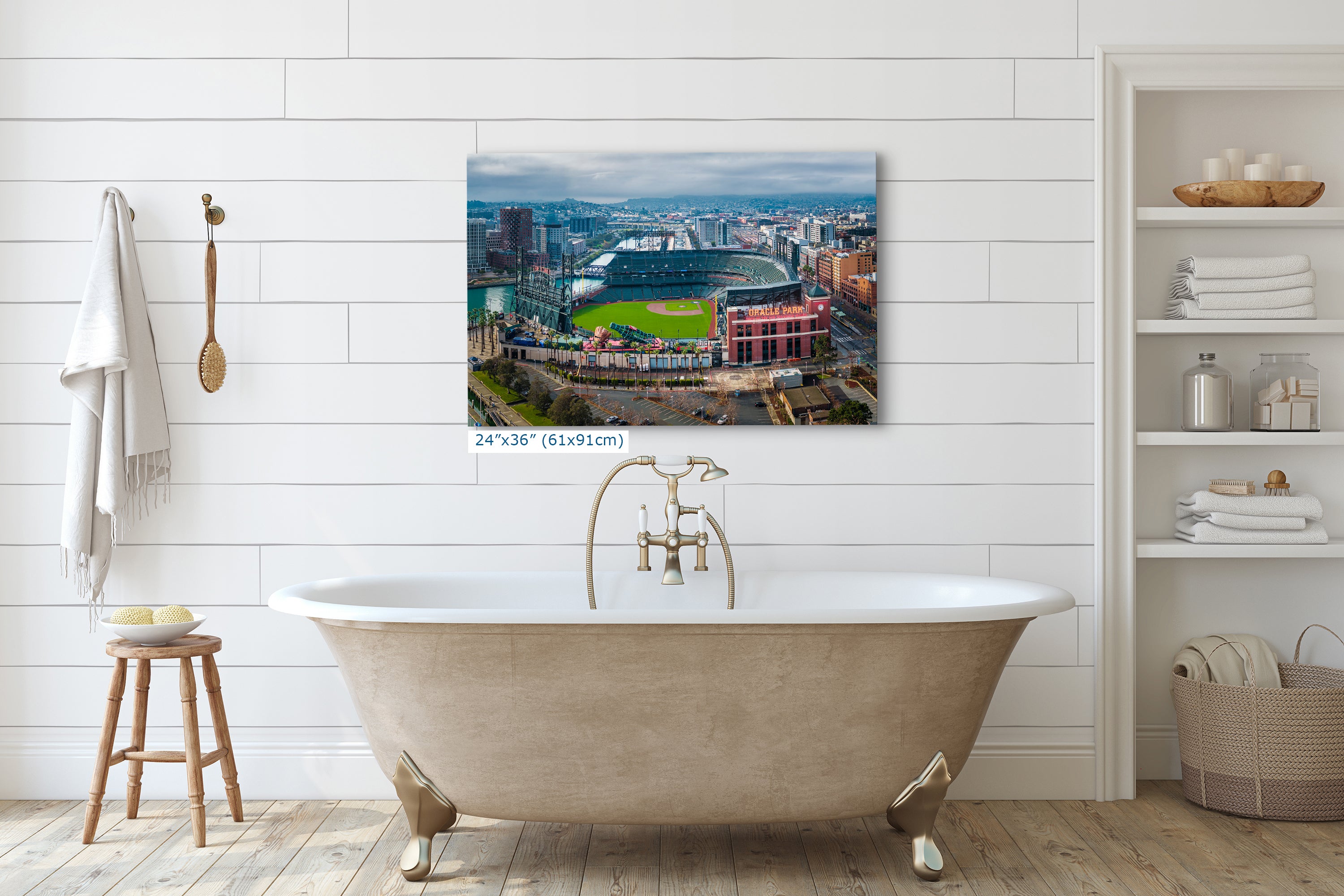 a large, ornate clawfoot bathtub in a bathroom setting, with a cityscape visible in the background.