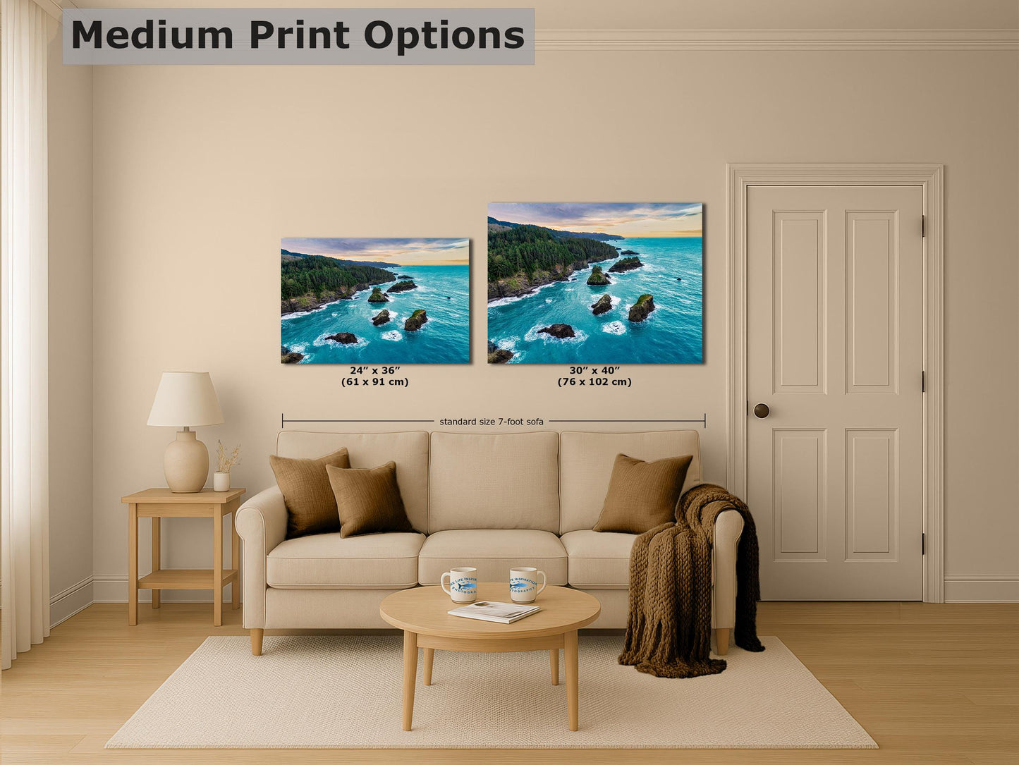 Aerial Oregon Coast Ocean Picture Sunrise, Pacific Northwest Nature Photo Relaxation Artwork for Meditation, Apartment, Office & House Décor