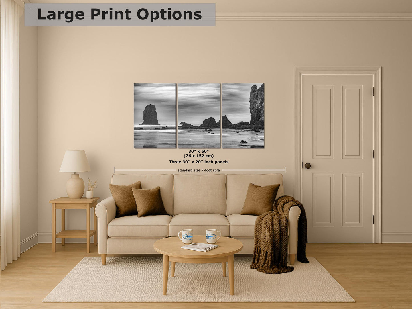 Cannon Beach Oregon Coast Ocean Picture Nature Photo, Black and White Haystack Rocks, Coastal Beach House Decor for Ocean Lovers