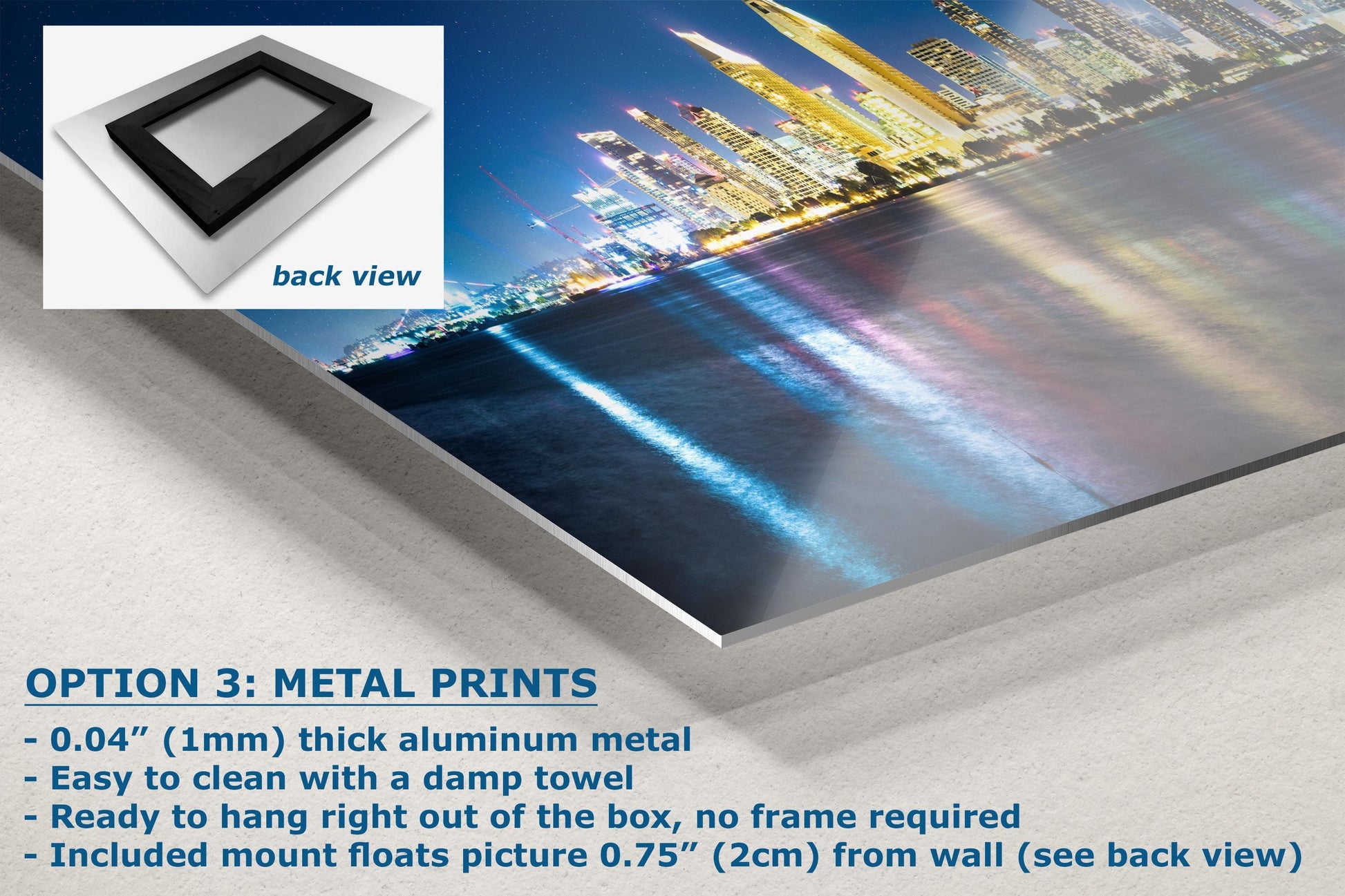 Closeup of San Diego skyline canvas print with textured surface showing the cityscape's illuminated buildings and their reflections.