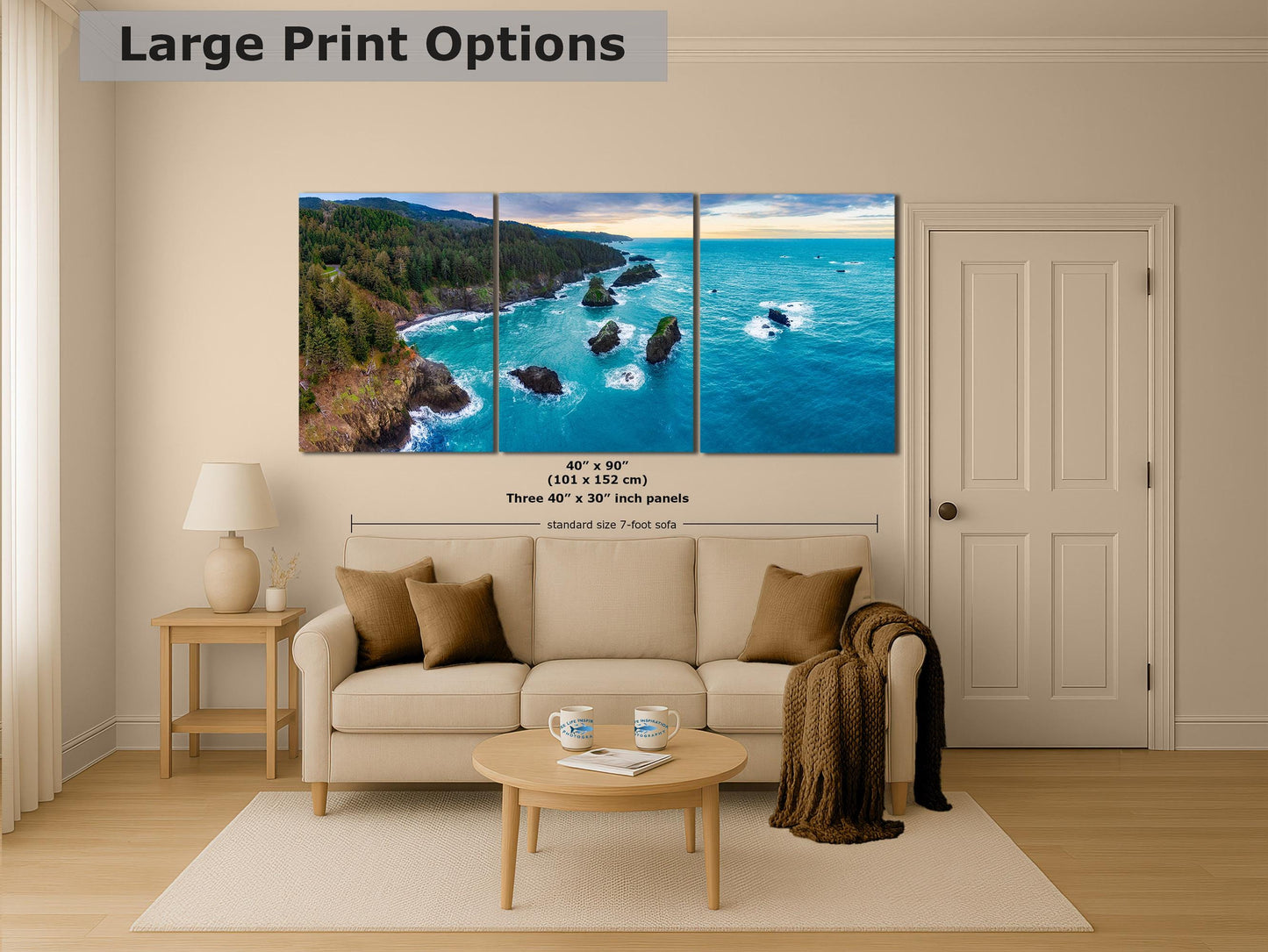 Aerial Oregon Coast Ocean Picture Panorama, Pacific Northwest Nature Photo Relaxation Artwork for Meditation, Apartment, Office & House Décor