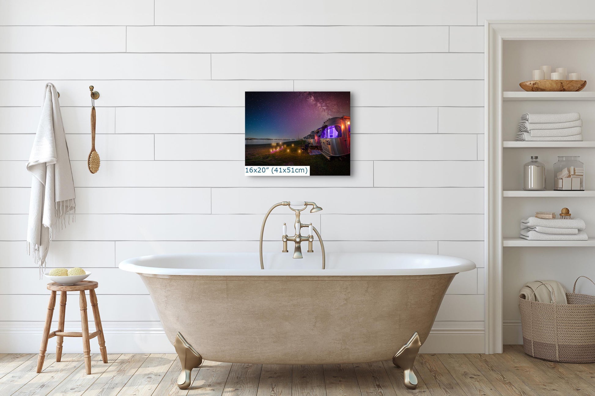 Airstream trailers near Mission Bay, under a starry night sky, shown in a bathroom with a 16x20-inch print.