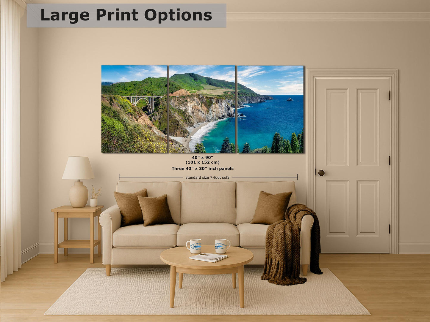 Bixby Bridge Ocean Picture, Big Sur California Coastline Nature Photo Panorama, Relaxation Artwork for Meditation, Office, & House Decor