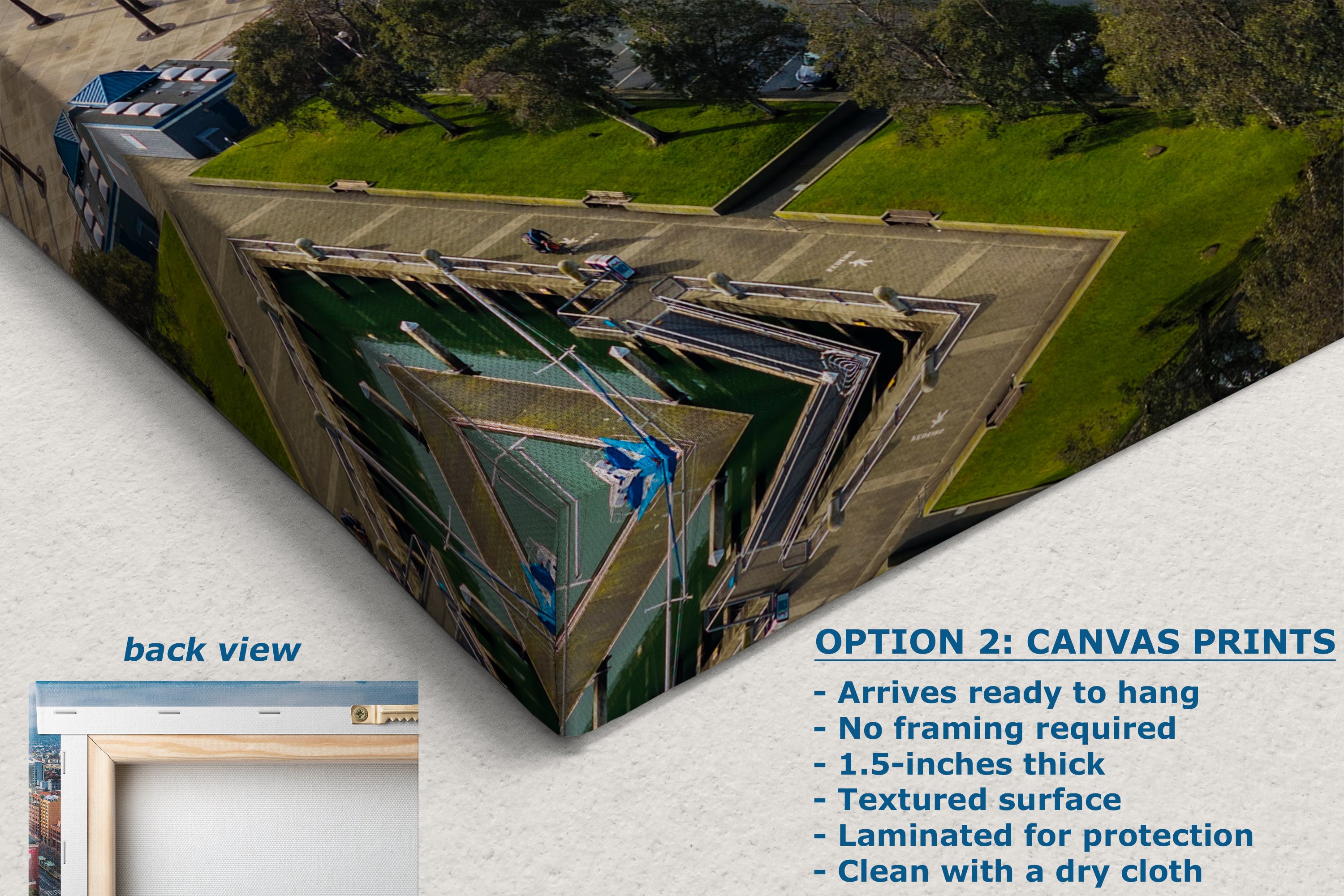 The image is a canvas print depicting a large, triangular structure with a green, textured surface and a paved walkway. The print is described as a back view, arrives ready to hang, has no framing required, is 1.5-inches thick, has a textured surface, and is laminated for protection. It is also described as being clean with a dry cloth.
