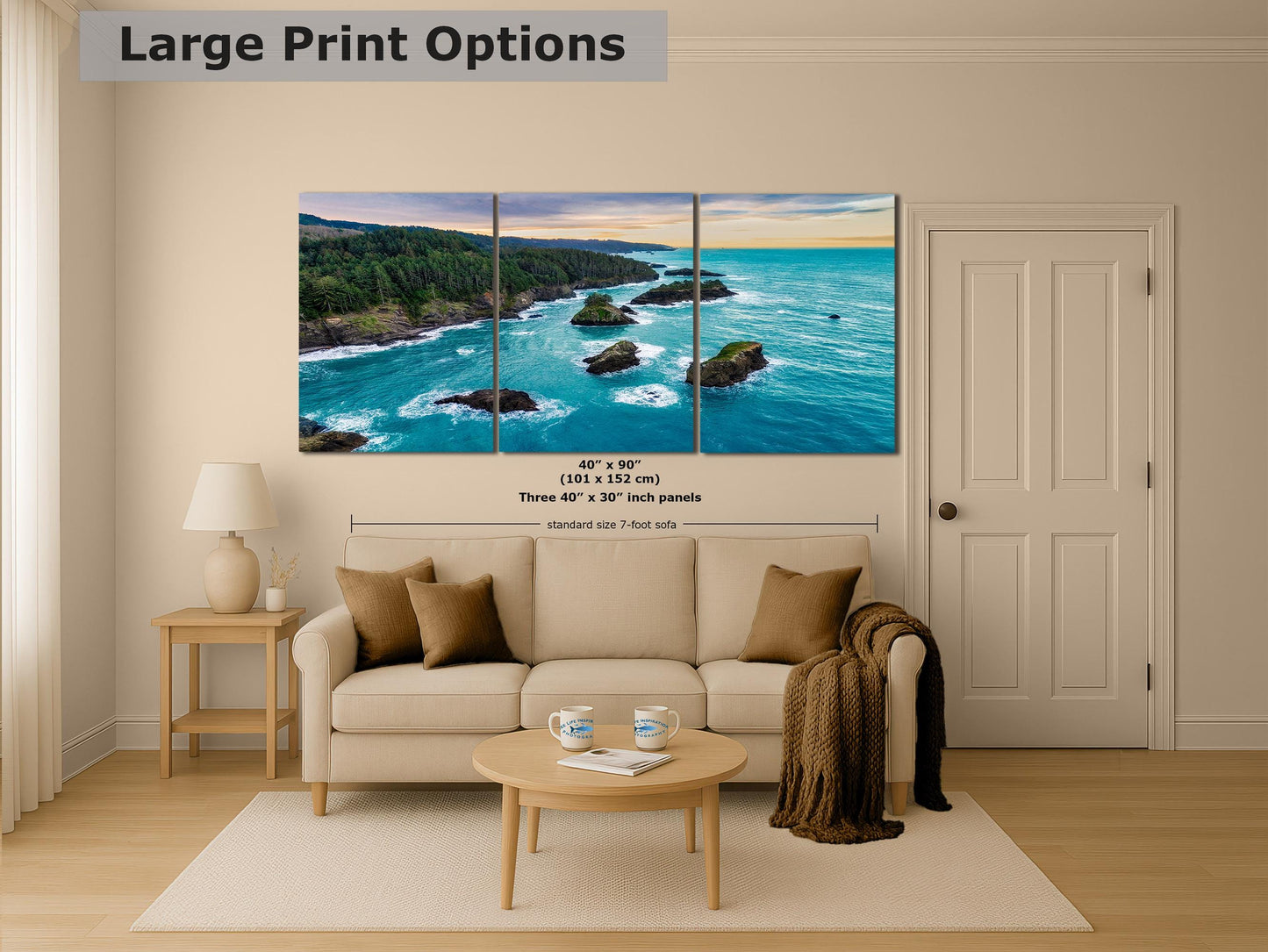 Aerial Oregon Coast Ocean Picture Sunrise, Pacific Northwest Nature Photo Relaxation Artwork for Meditation, Apartment, Office & House Décor
