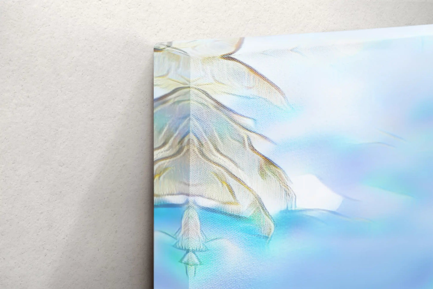 Edge view of a canvas print showing a detailed Airstream trailer on a beach, with a focus on the wraparound image.