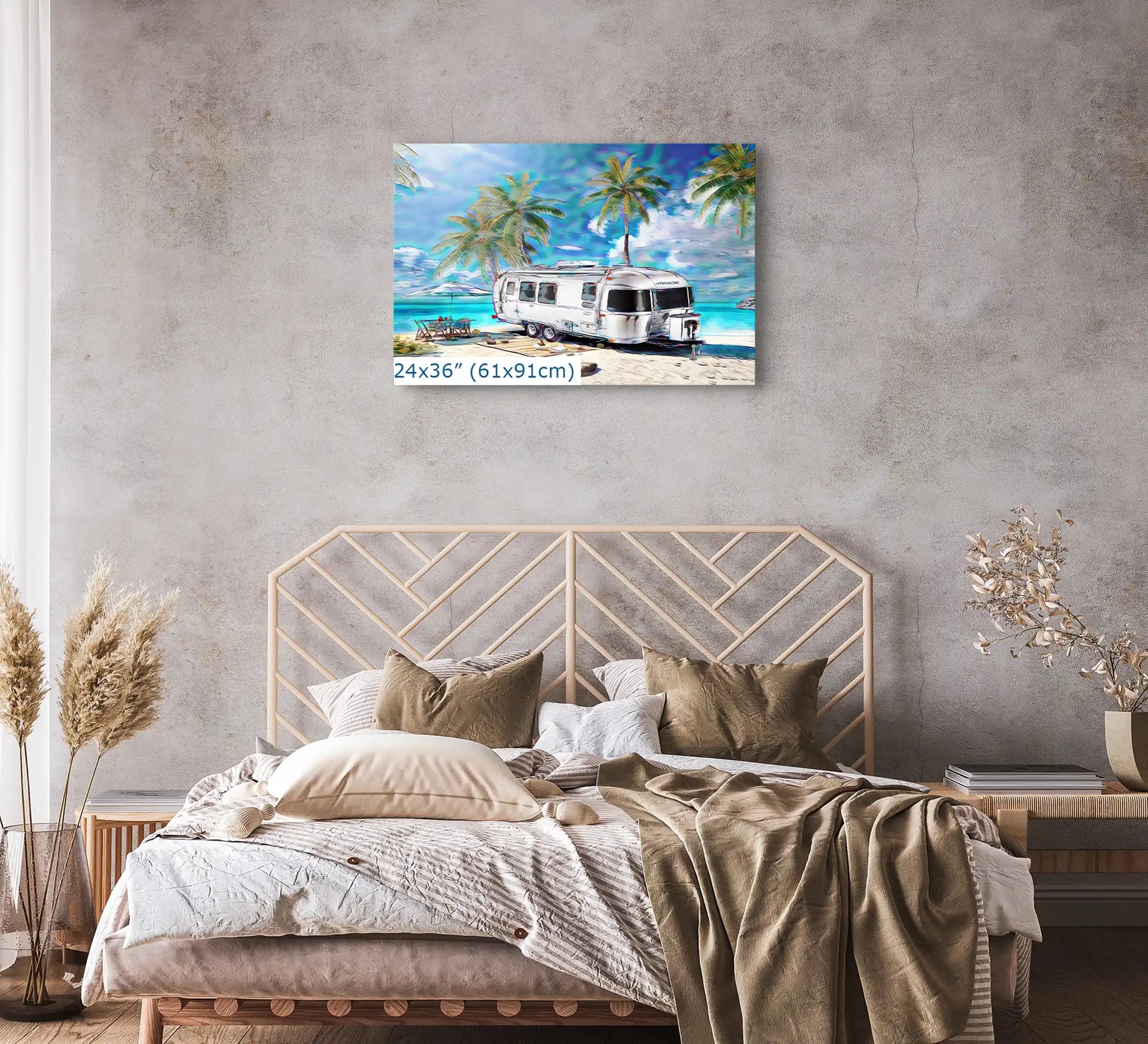Large 24x36-inch art above the bed showcasing an Airstream trailer beachside, bringing a serene tropical vibe to the bedroom.