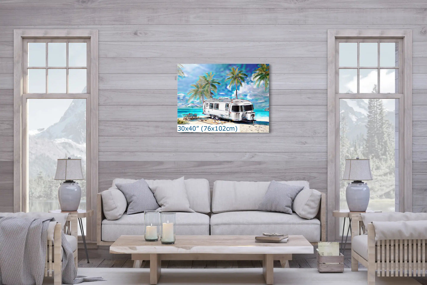 Large 30x40-inch wall art in a living room setting, featuring an Airstream trailer on a picturesque tropical beach.