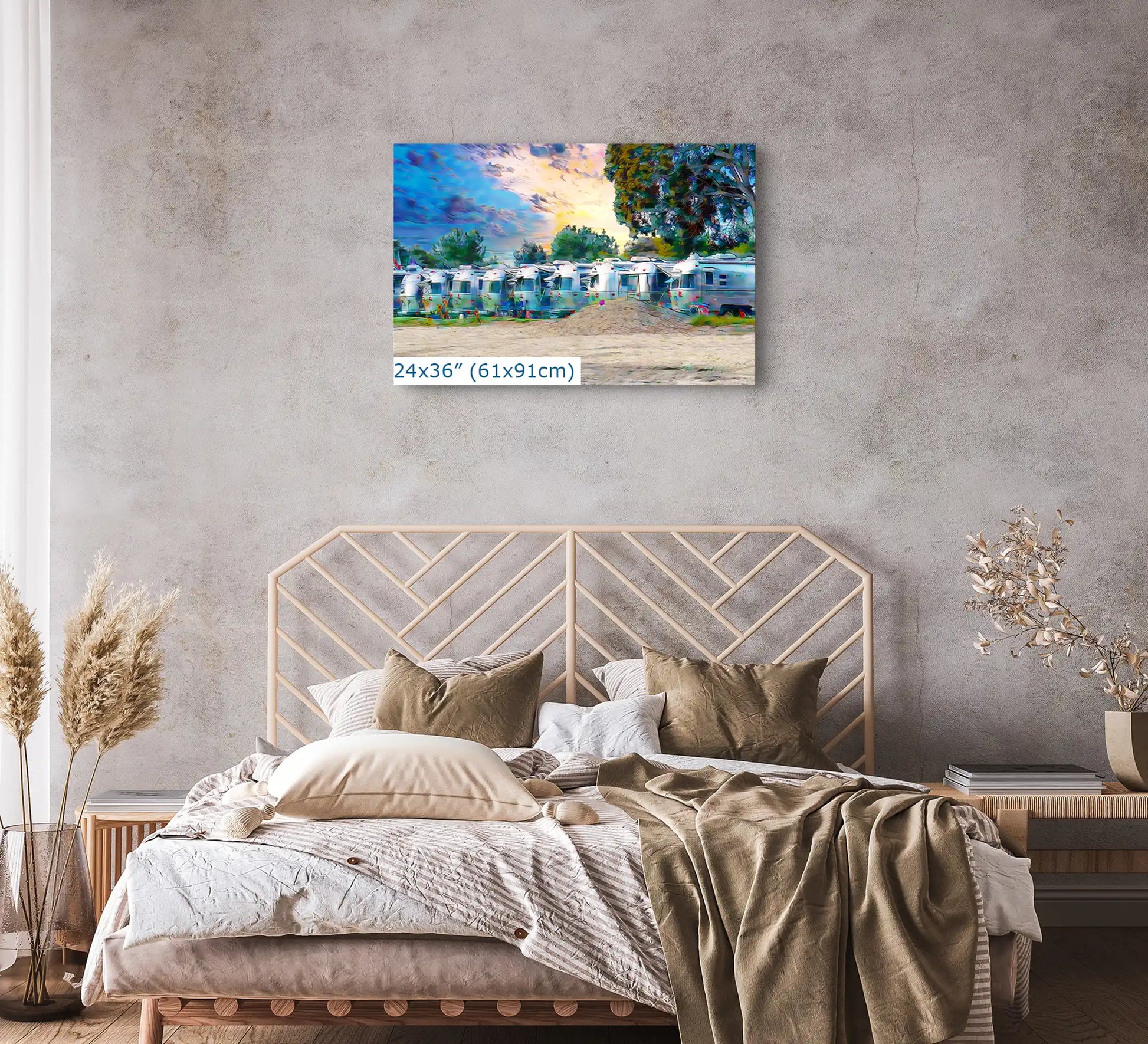 Airstream Rally on the beach at sunset art canvas 24x36-inches over bed
