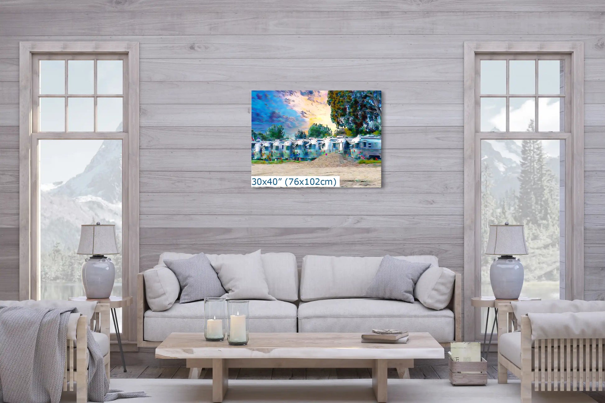 Airstream Rally on the beach at sunset art canvas 30x40-inches over living room couch