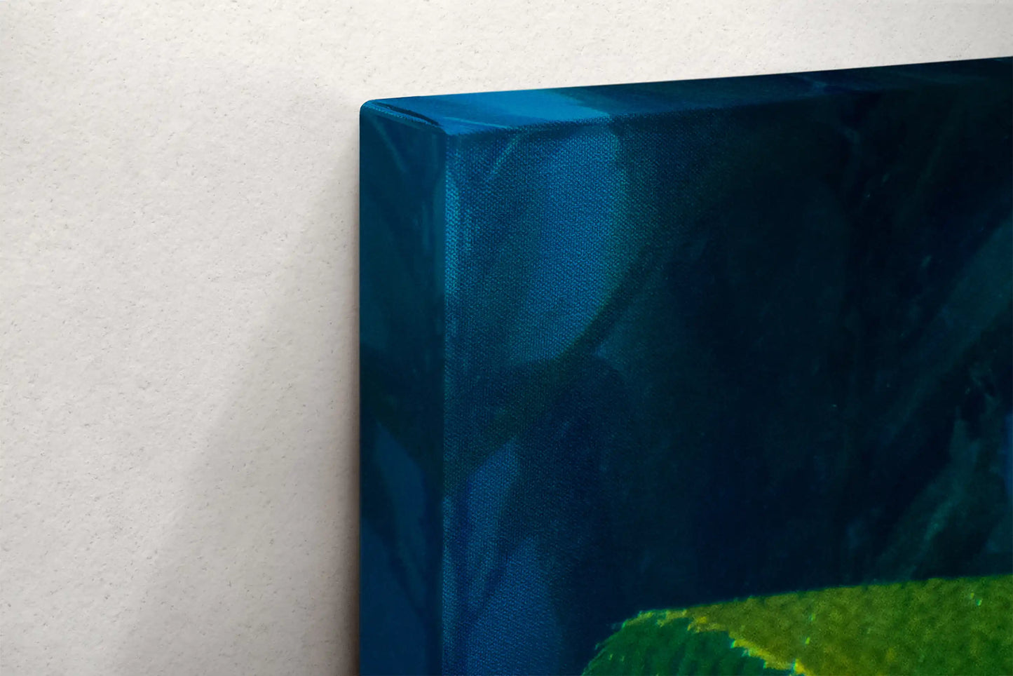 Close-up of the corner of a canvas print showing a vibrant underwater kelp scene with rich blue background and green-yellow foliage.