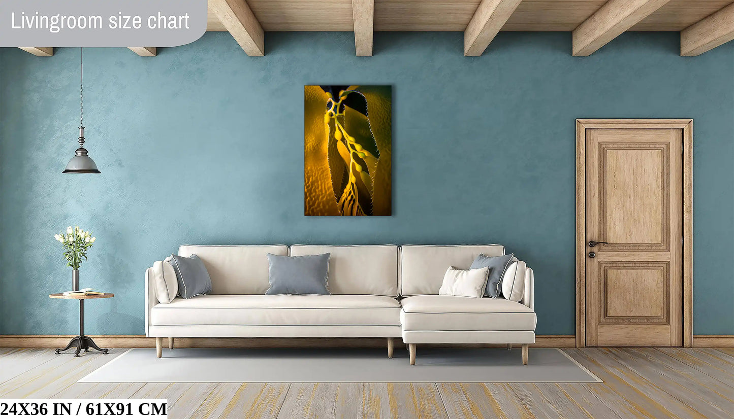 Contemporary living room with a 24x36 inch canvas of California Giant Kelp, the golden and green hues adding warmth and a natural touch to the cool tones of the decor.