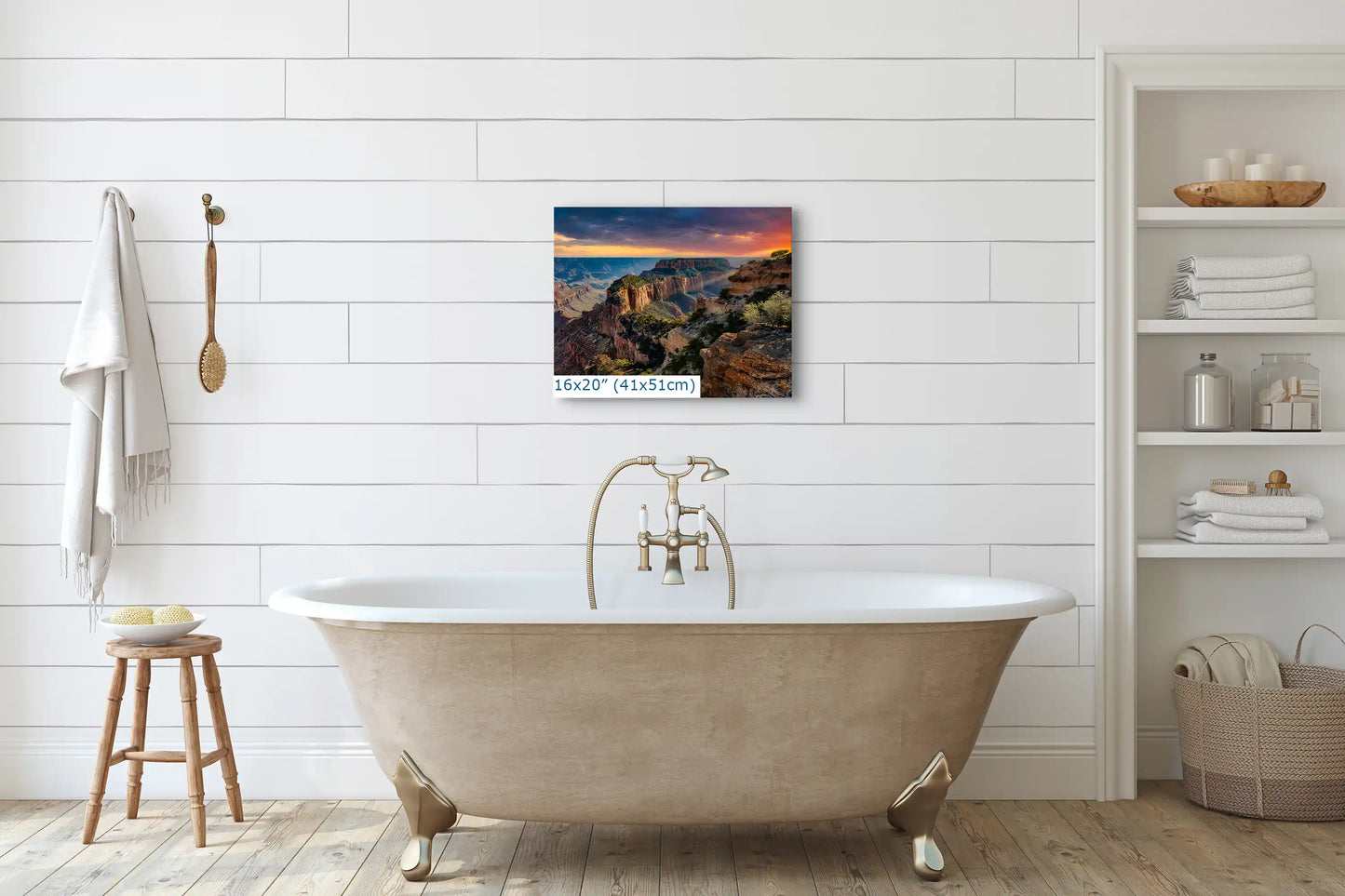 Cape Royal of Grand Canyon Sunset Wall Decor shown in 16x20-inch bathroom tub
