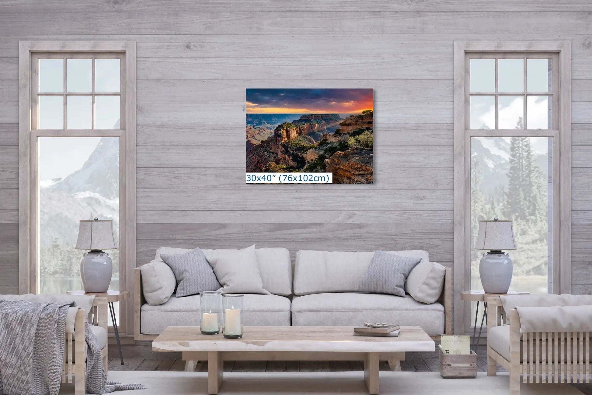 Cape Royal of Grand Canyon Sunset Wall Decor shown in 30x40-inch over living  room couch