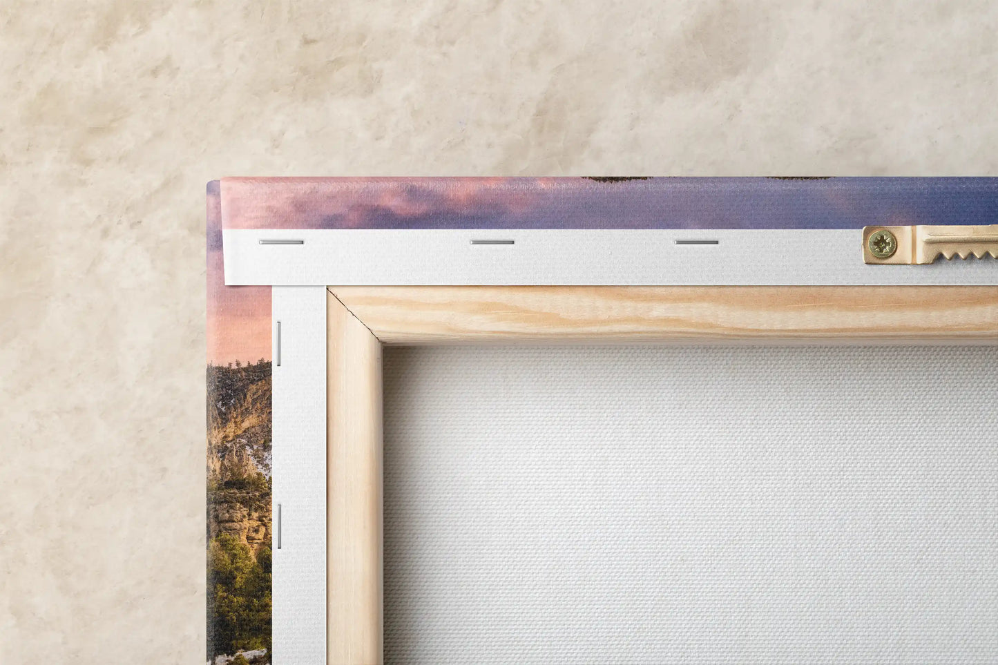 Back view of a canvas frame showing the meticulous craftsmanship behind the art of Fletcher Peak at Mt Charleston, ensuring a lasting connection with nature.