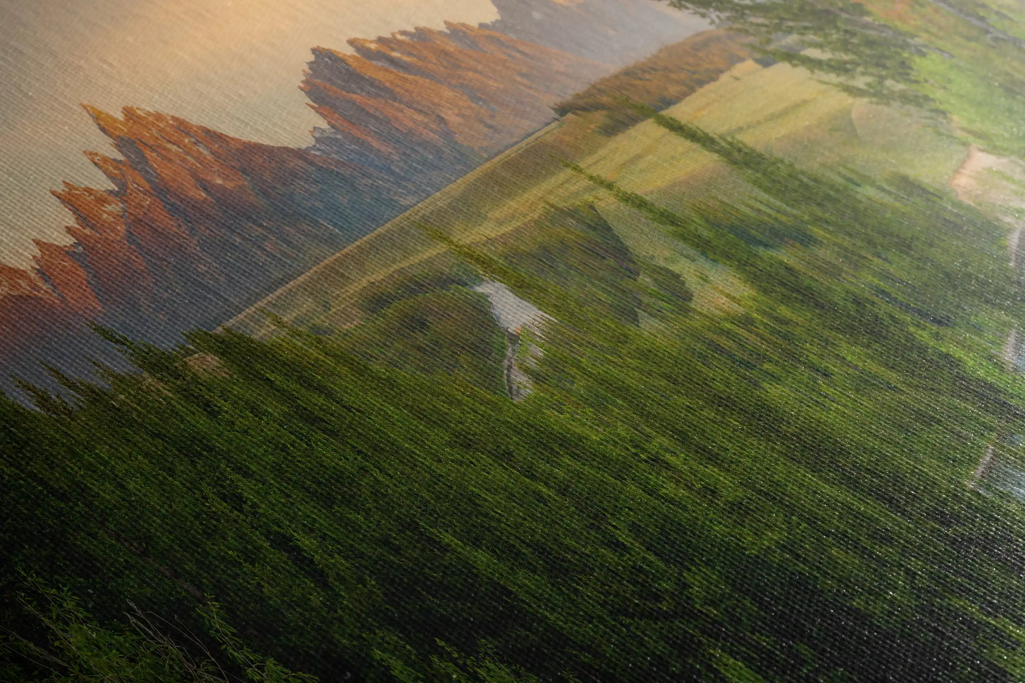 Close-up of Teton Mountains canvas edge, showing a detailed texture of trees and Snake River.