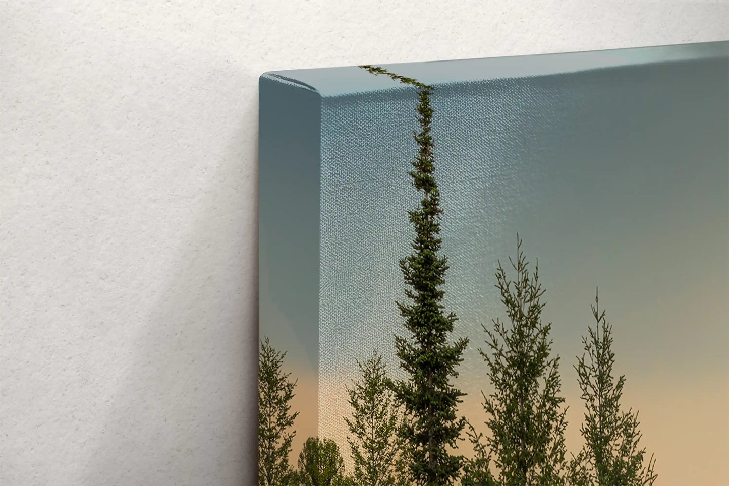 Edge detail of a canvas print depicting the Teton Mountains and Snake River, highlighting the wraparound image.