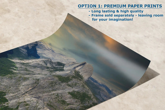 Artistic paper print of Half Dome captured at sunset, offering a detailed and colorful perspective of this famous Yosemite landmark, ideal for art lovers looking to enhance their home gallery.