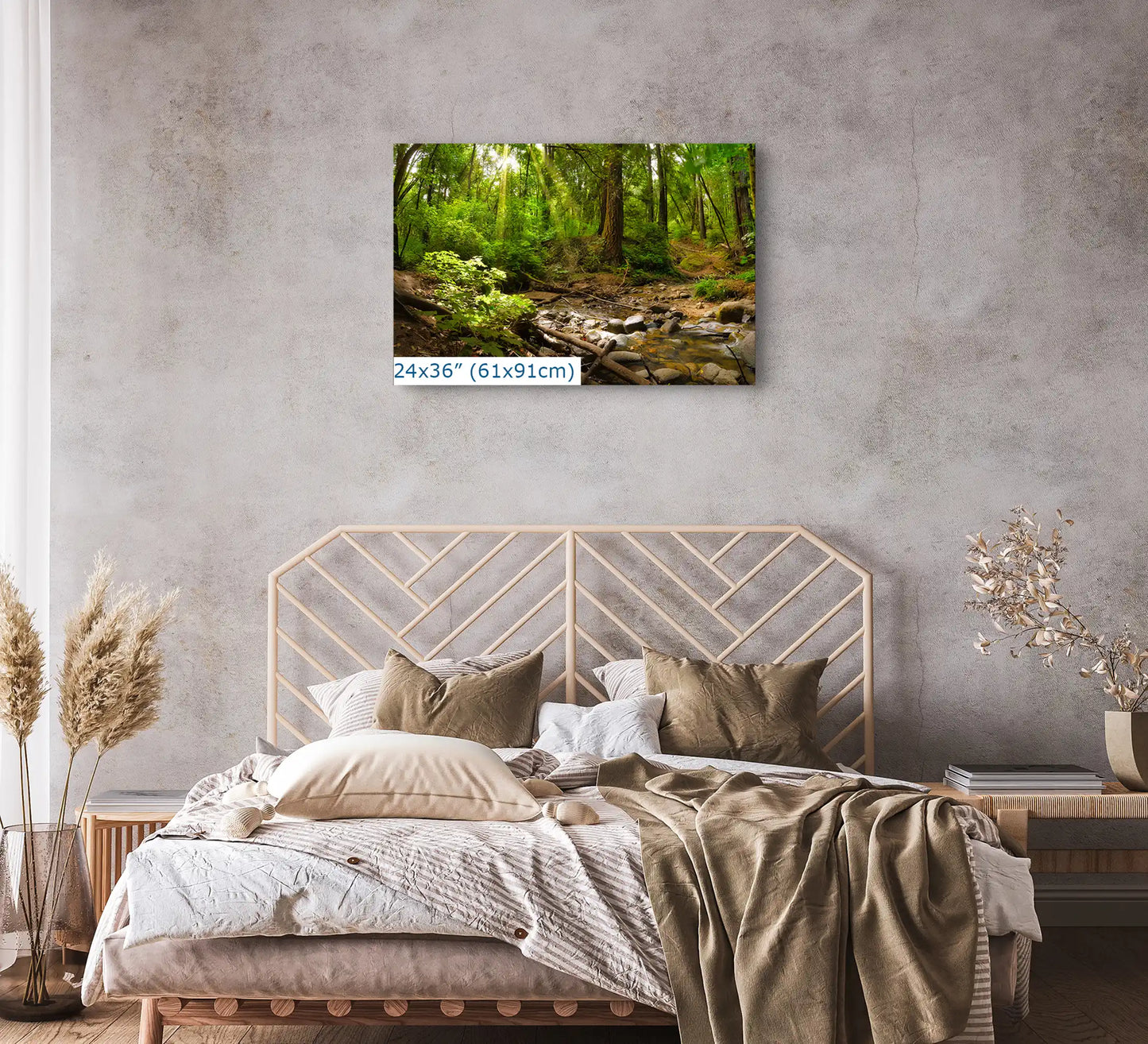 A large 24x36 inch wall art piece in a bedroom, featuring a serene forest with redwood trees and a gentle creek.