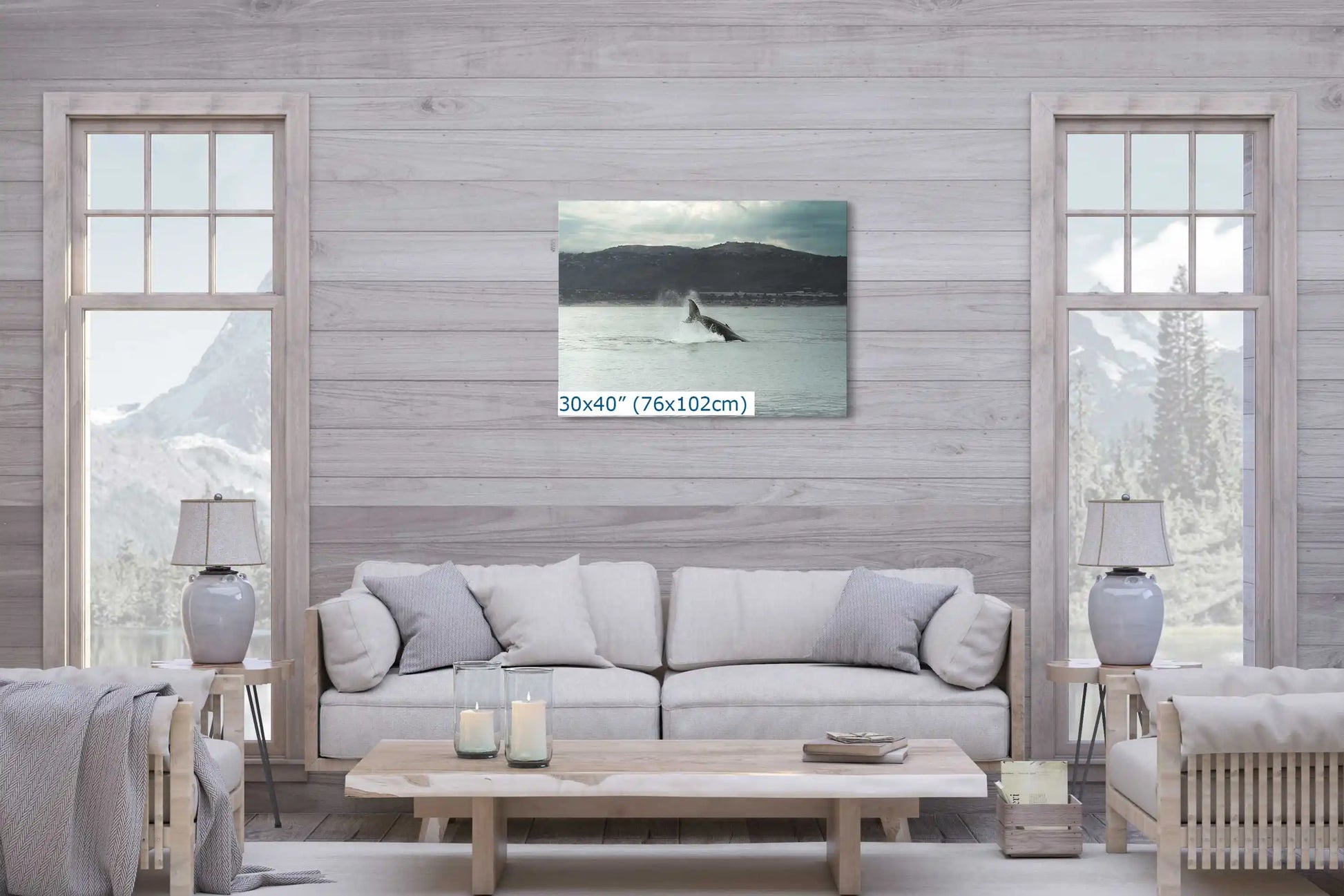 Humpback Whale Fluke as canvas wall decor 30x40-inch over livingroom sofa
