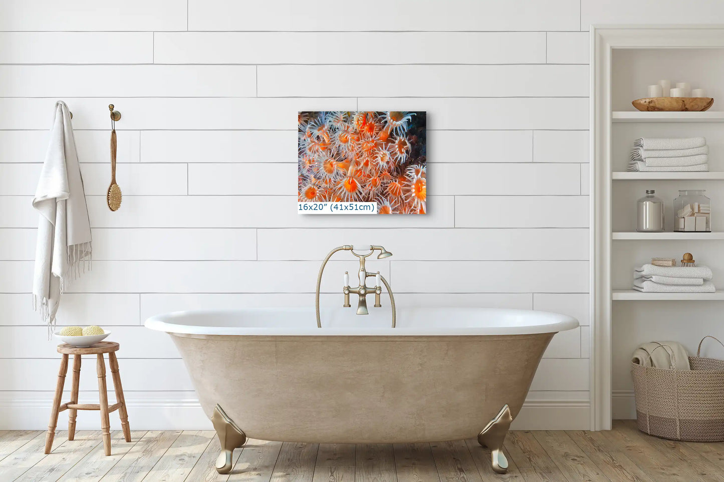 A 16x20 inch canvas print in a bathroom depicting brightly colored zoanthids in an underwater scene.