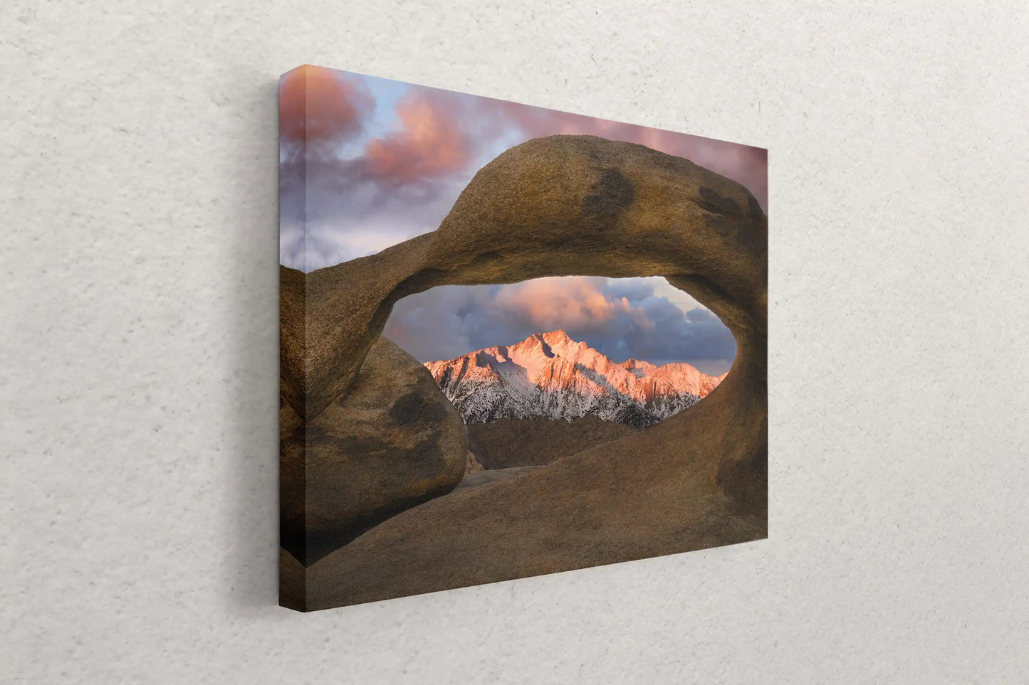 Side view of canvas wall art hanging, projecting the depth of the natural world into your space, with Lone Pine Peak through Mobius Arch as a serene focal point.
