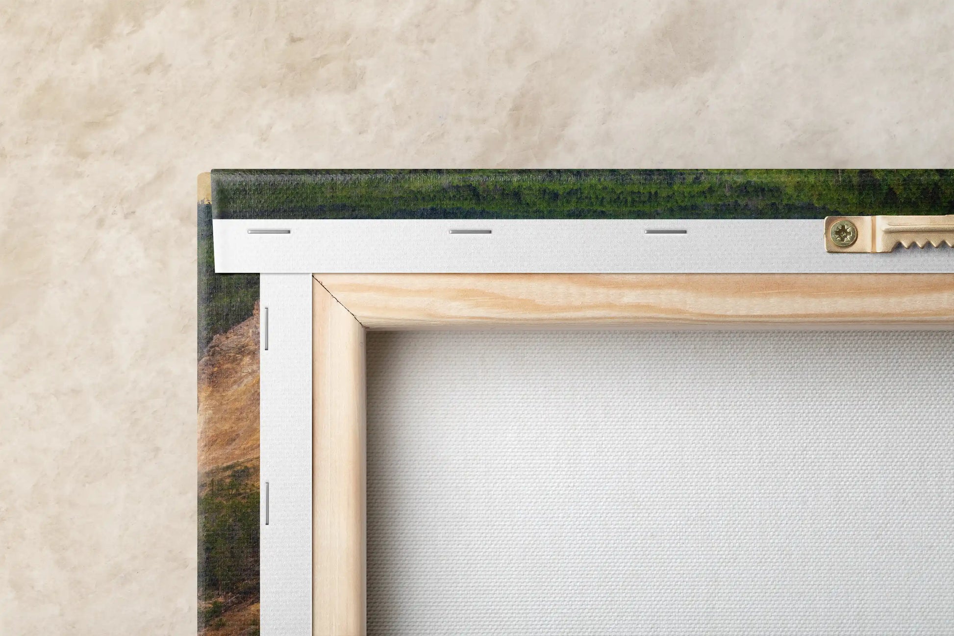 Close-up of a gallery-wrapped canvas wall art featuring a wide view of Lower Yellowstone Falls at sunset, showing vibrant colors and textures.