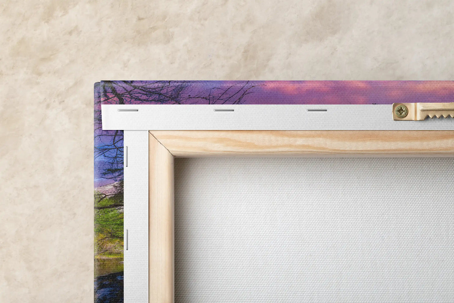 Back view of canvas showing the frame and mounting hardware for the Mt. Watkins and Mirror Lake print, ready to hang.