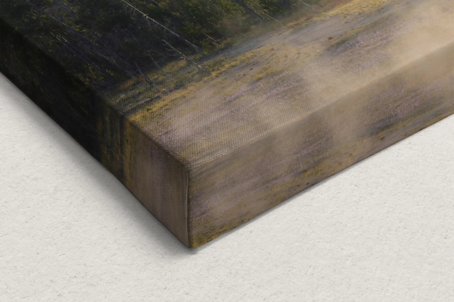 Edge view of a canvas print, with the foggy Yellowstone forest image wrapping around the sides, highlighting depth and continuity.