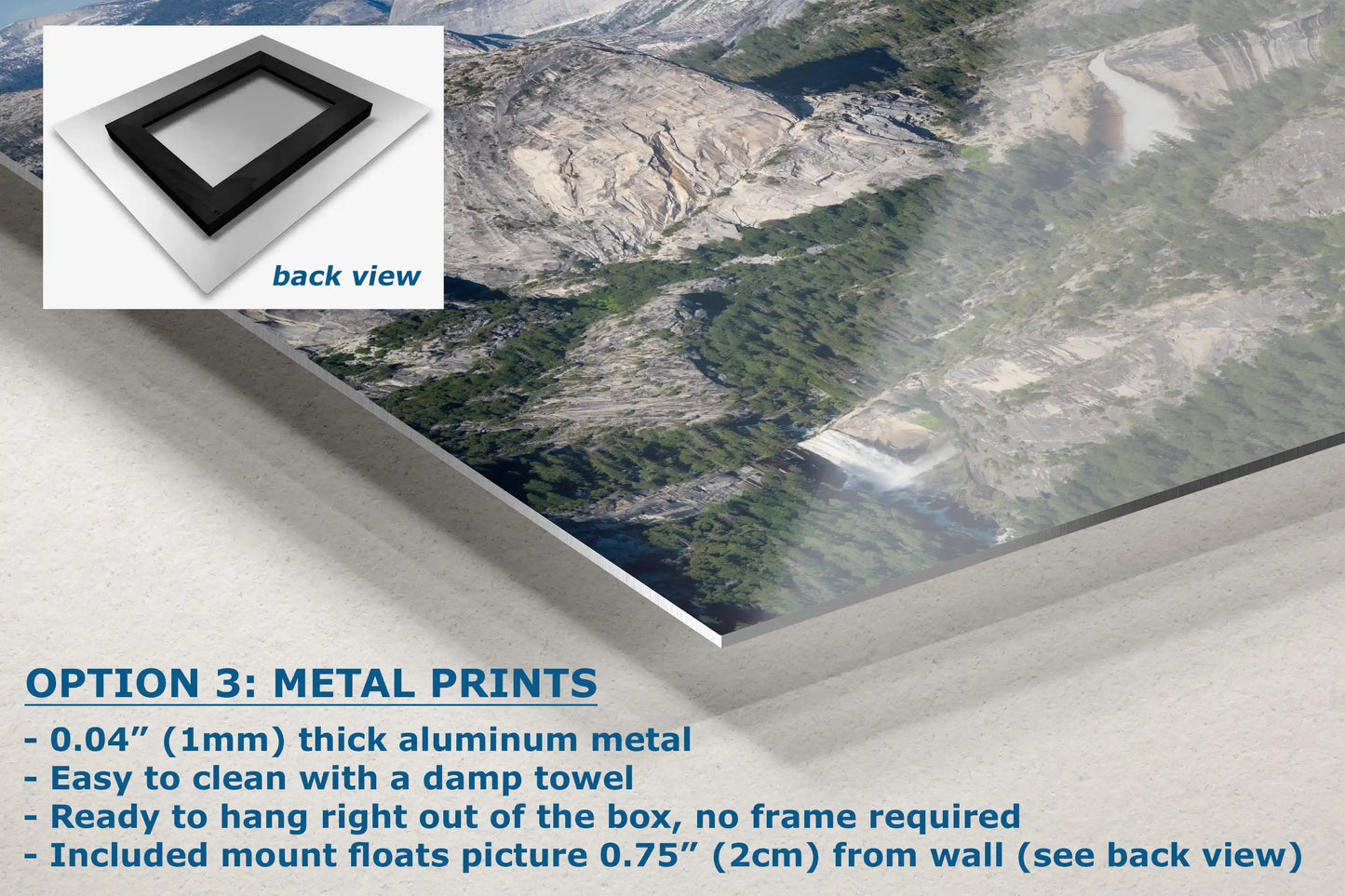 Detailed view of a metal print of Nevada Falls and Vernal Falls, showcasing the durability and sleek finish that highlights the breathtaking scenery of Yosemite.