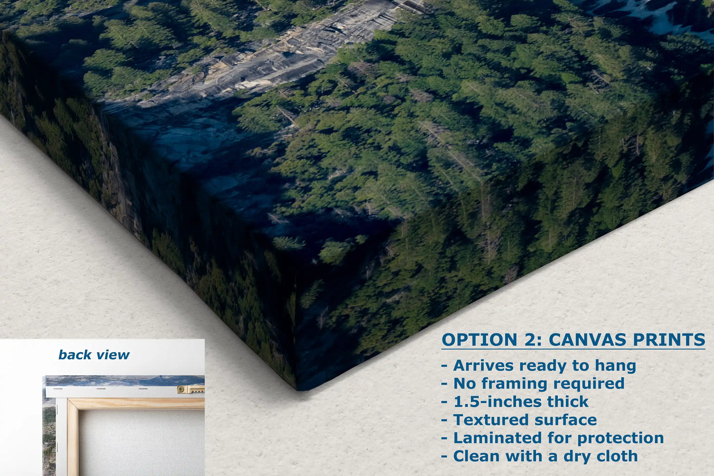 Close-up of a canvas print showing detailed textures of Nevada and Vernal Falls, emphasizing the quality and depth of print that brings this Yosemite scene to life.