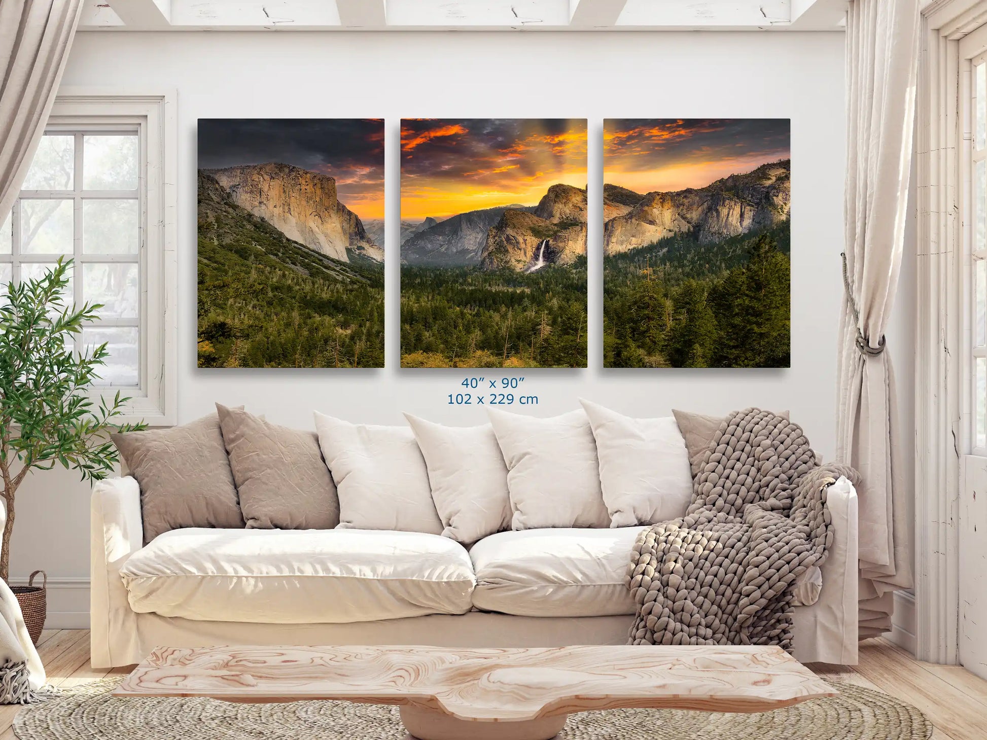Yosemite Valley from Tunnel View 40x90 three piece canvas over living room couch