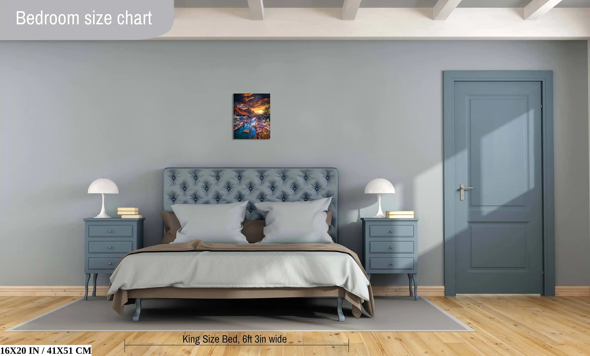 A 16x20-inch wall art of Zion's Watchman Mountain at sunset above a king-size bed, giving a sense of scale and visual impact in a bedroom setting.
